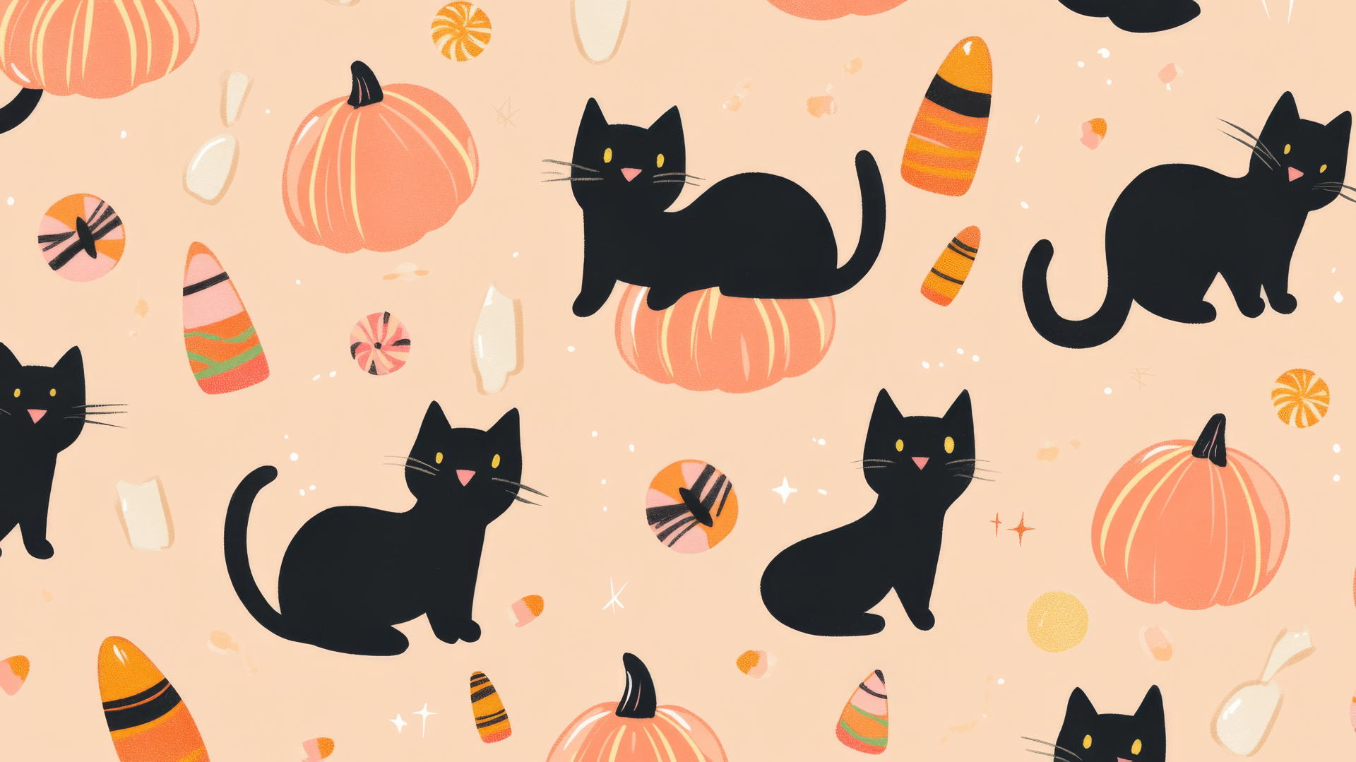 Preppy Halloween wallpaper with black cats, pumpkins, and candy corn on pastel peach
