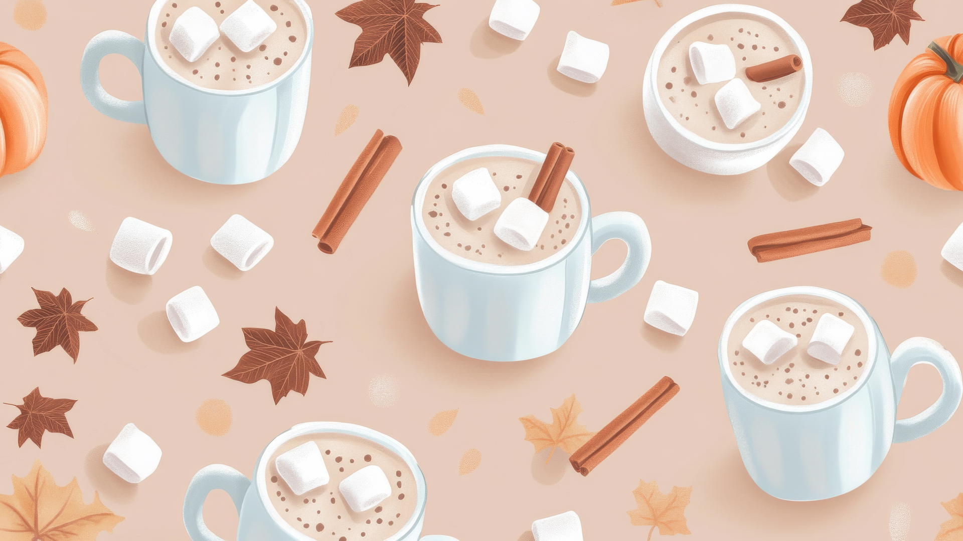 Preppy fall wallpaper with pastel-colored hot cocoa mugs, marshmallows, cinnamon sticks, leaves, pumpkins
