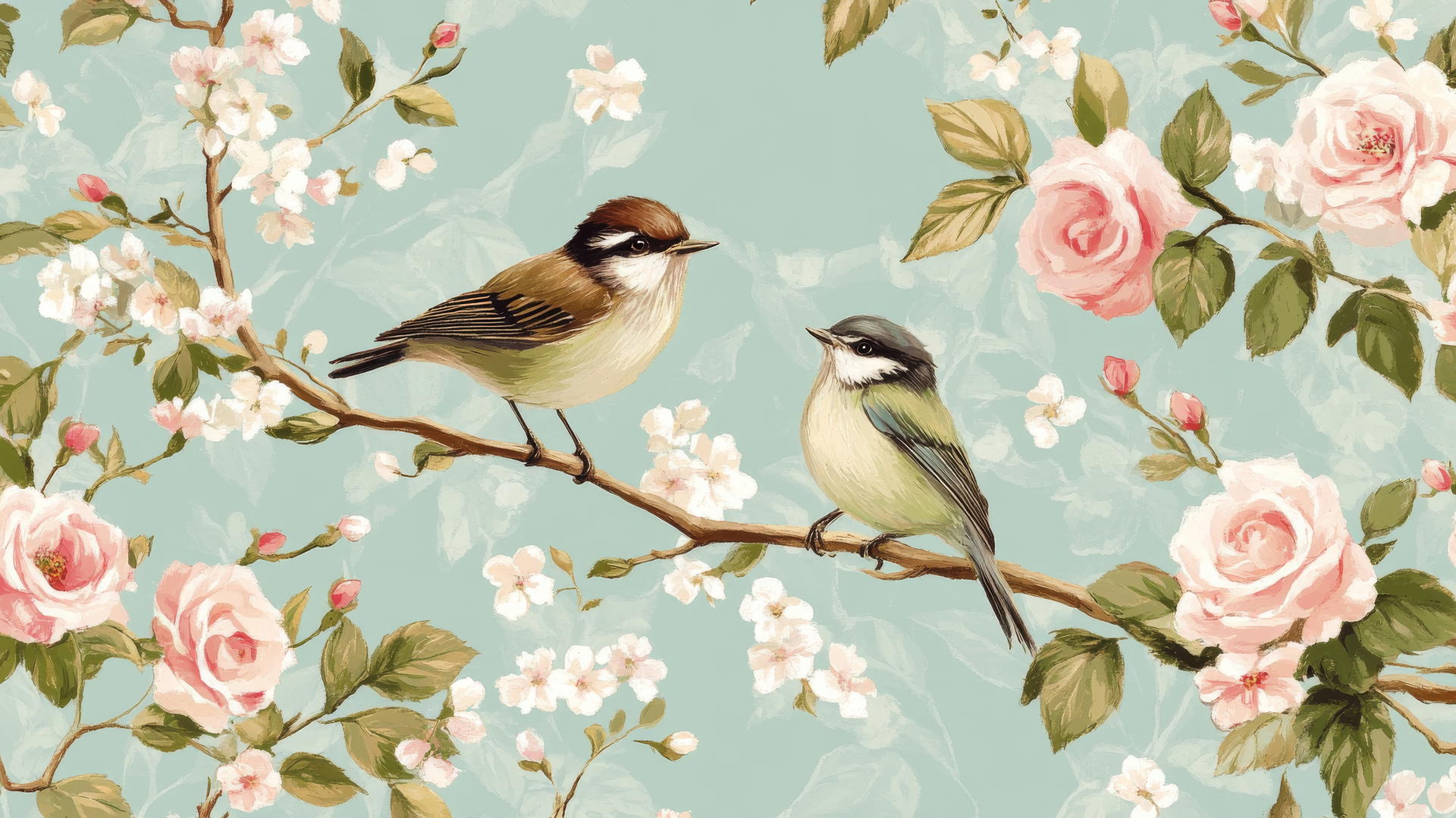 Preppy spring wallpaper with songbirds on cherry blossoms