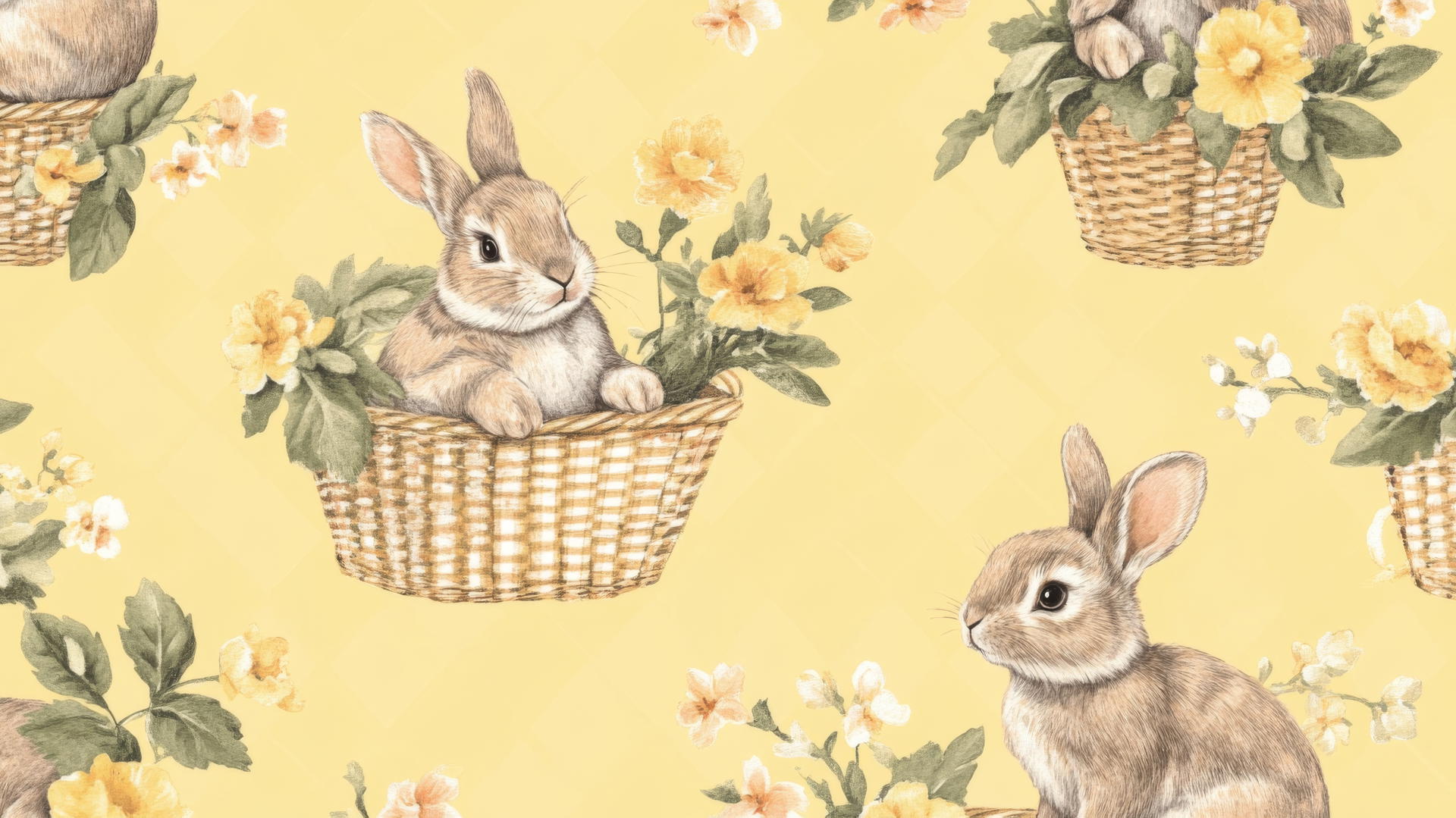 preppy easter wallpaper with gingham print bunnies, yellow background, baskets, flowers