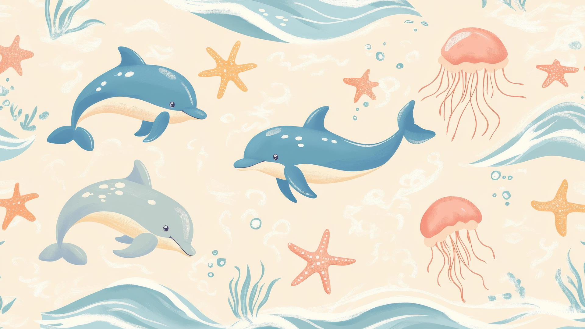 preppy beach wallpaper featuring cartoon-style sea creatures like dolphins, starfish, and jellyfish on a sandy beige background with pastel tones