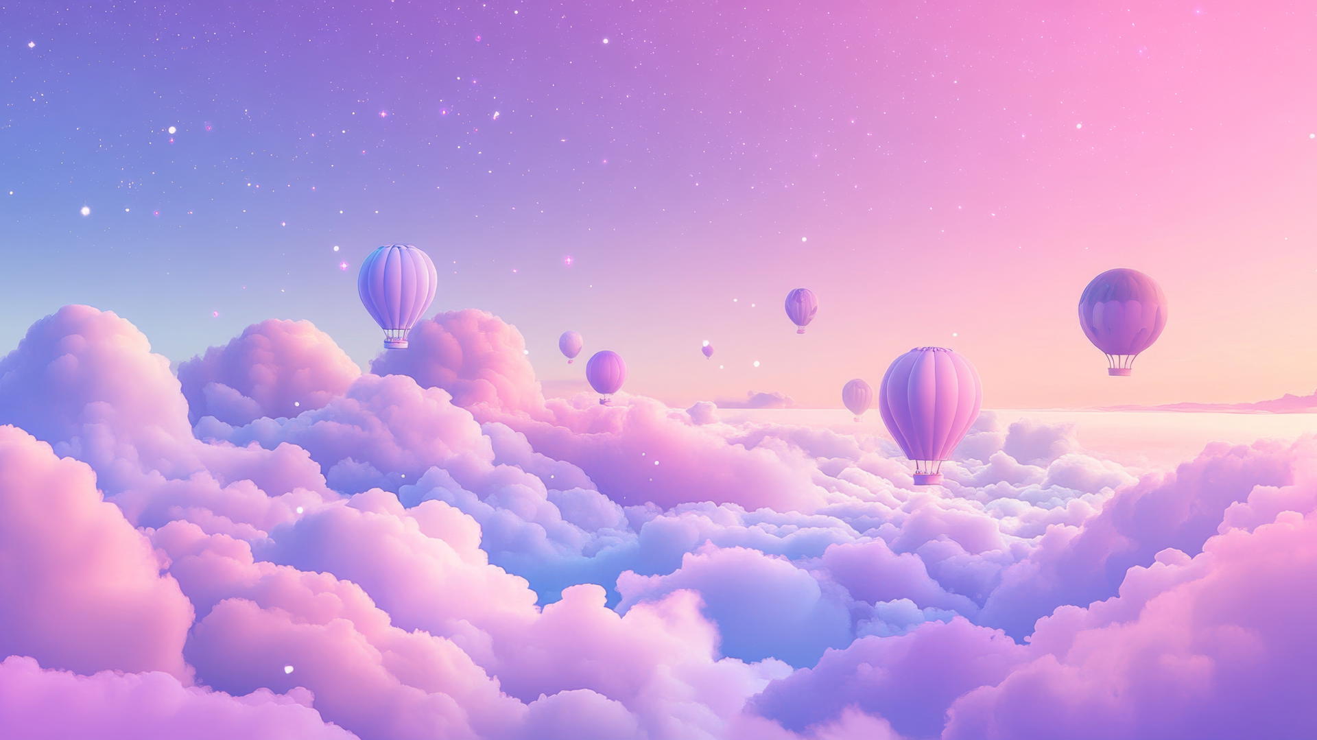 cute aesthetic wallpapers with dreamy cloudscape, pastel clouds, tiny hot air balloons, and stars