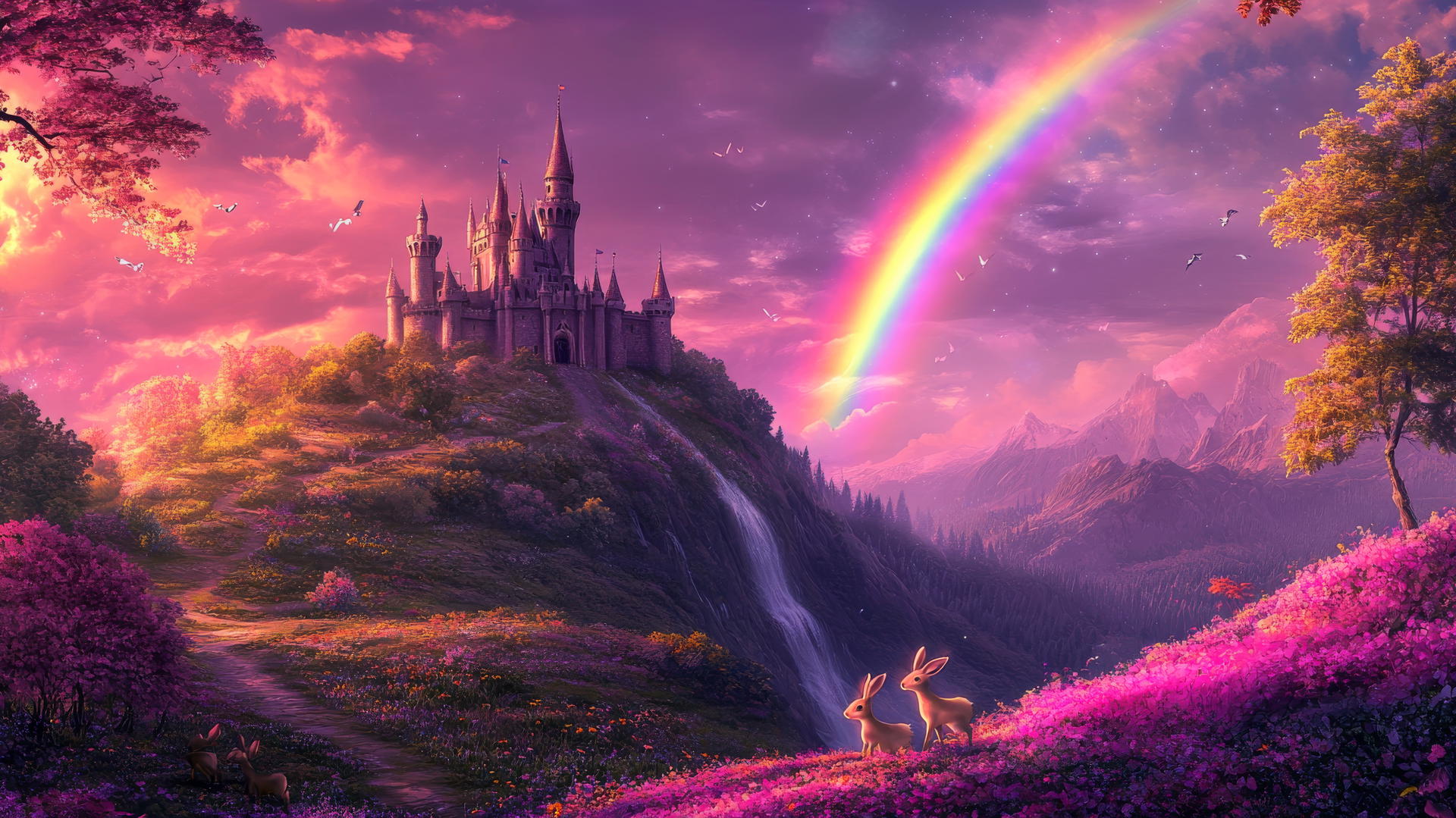 Magical castle on a hill with cute animals and a rainbow, cute wallpapers for girls