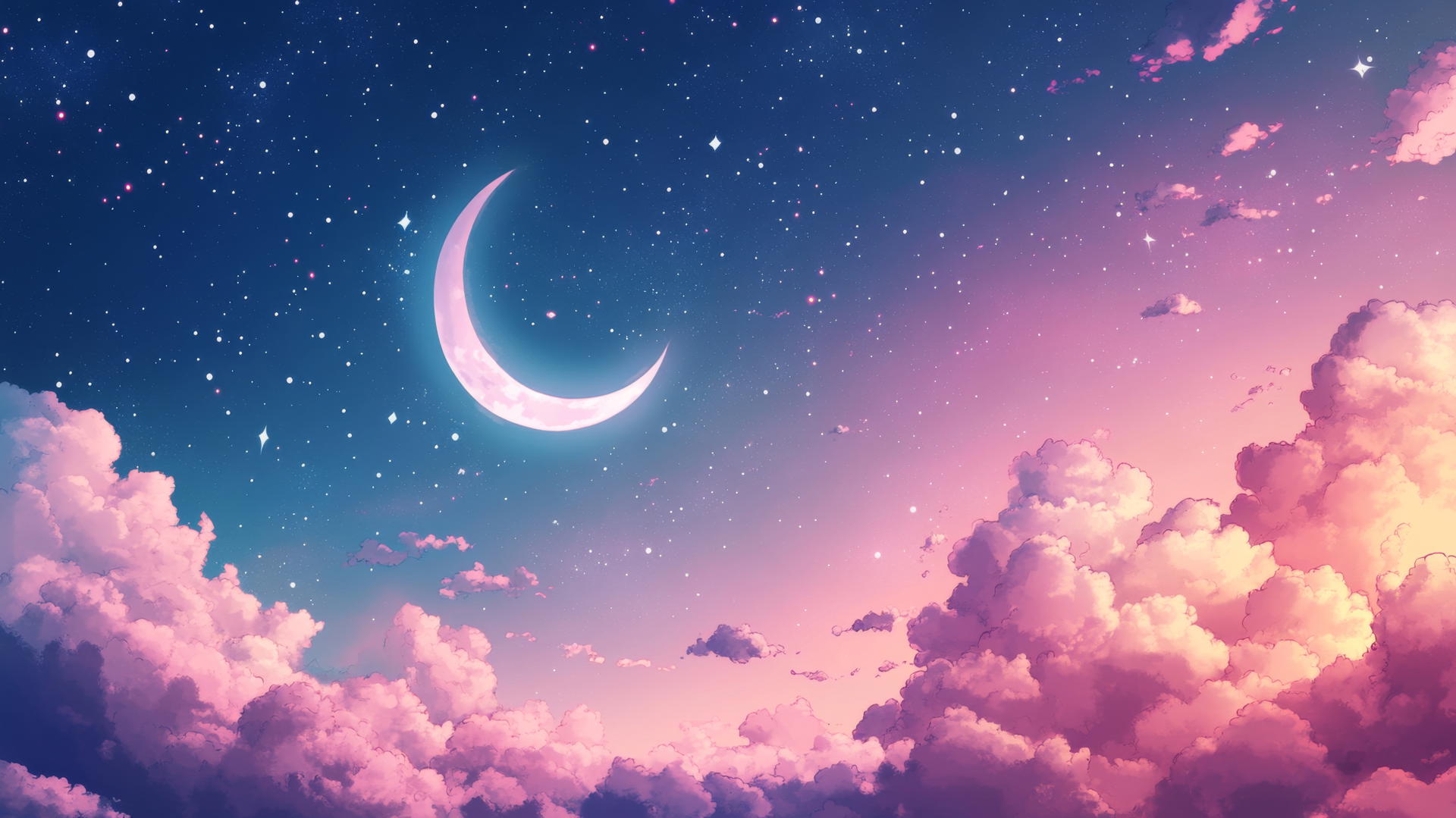cute wallpapers with a night sky, twinkling stars, crescent moon, and sleeping clouds