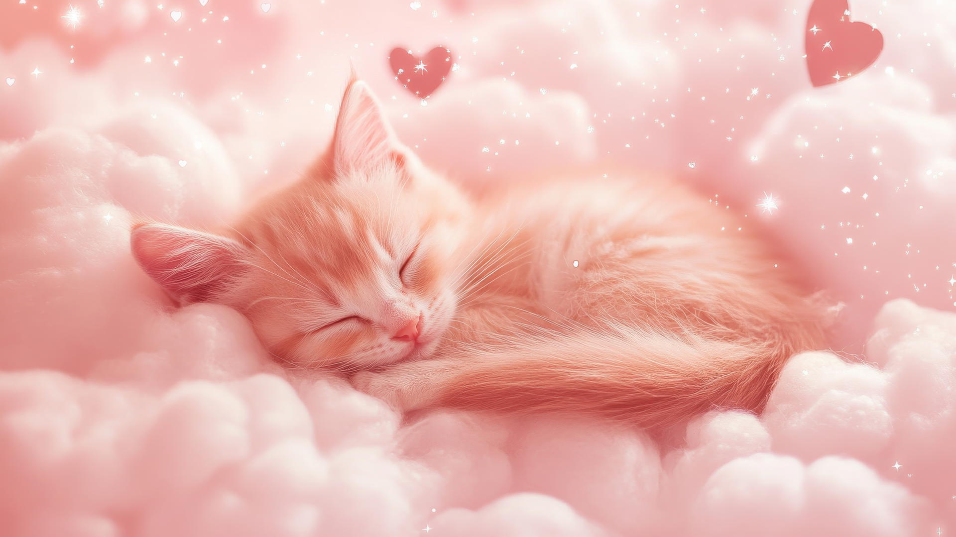 pink wallpaper cute tiny kitten on a fluffy cloud with stars and hearts