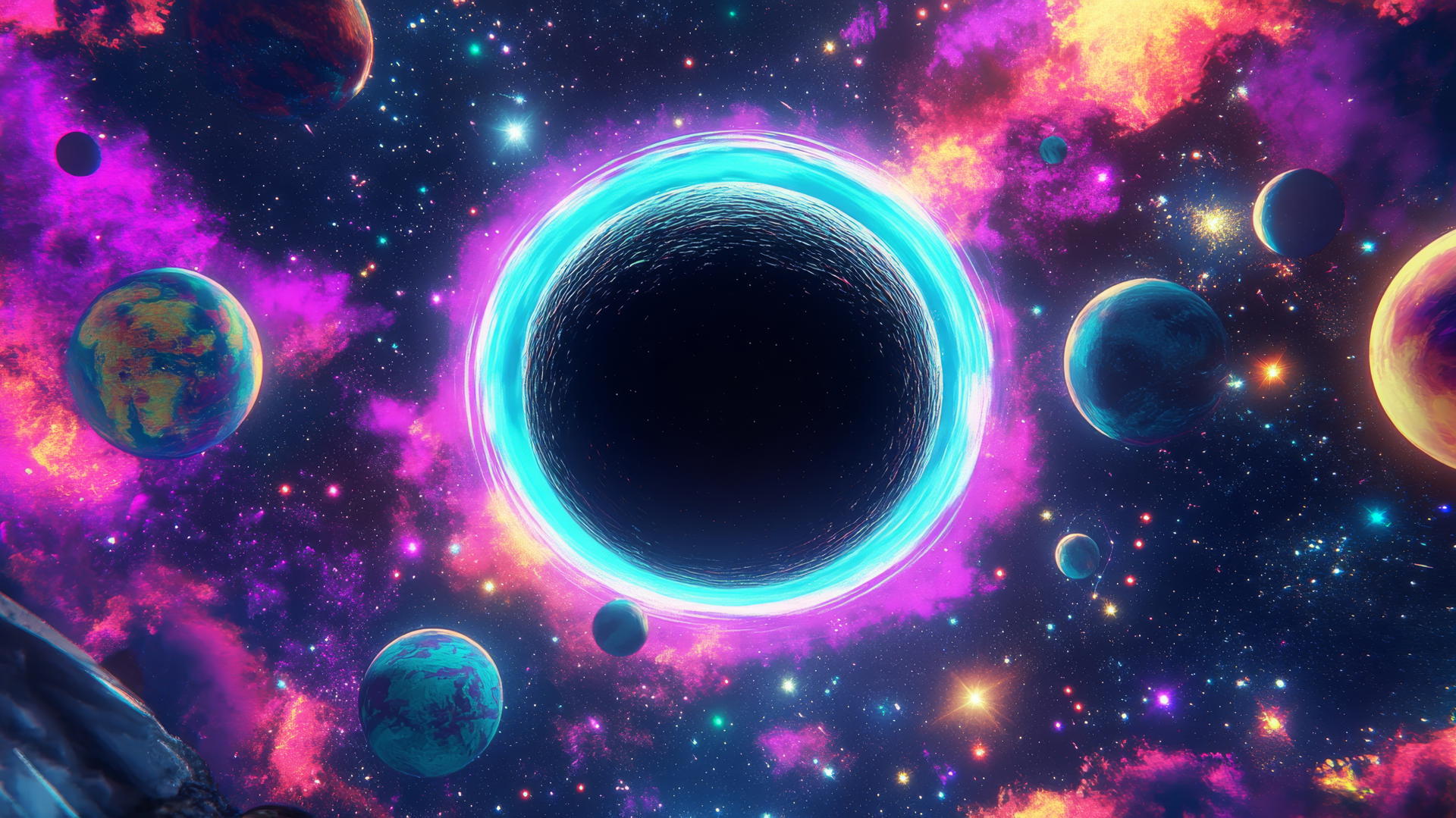 black hole wallpaper with neon planets, stars, and cosmic rays
