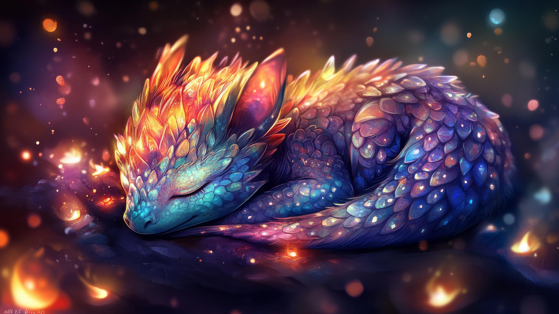 A black cute wallpaper featuring a tiny colorful dragon sleeping on a dark background with soft, glowing embers.
