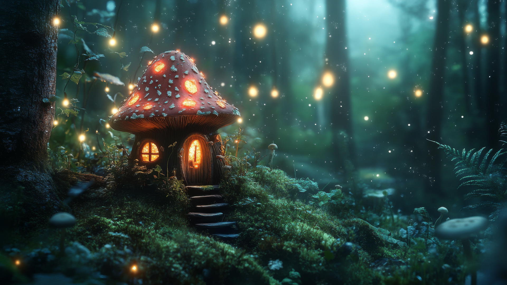Black cute wallpaper with a tiny, glowing mushroom house in a dark enchanted forest.