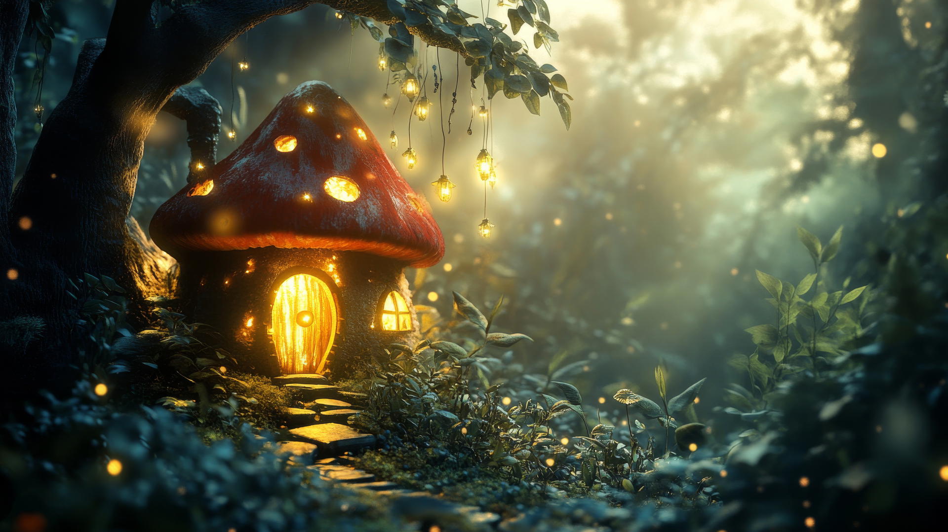 black cute wallpaper with tiny glowing mushroom house in dark enchanted forest