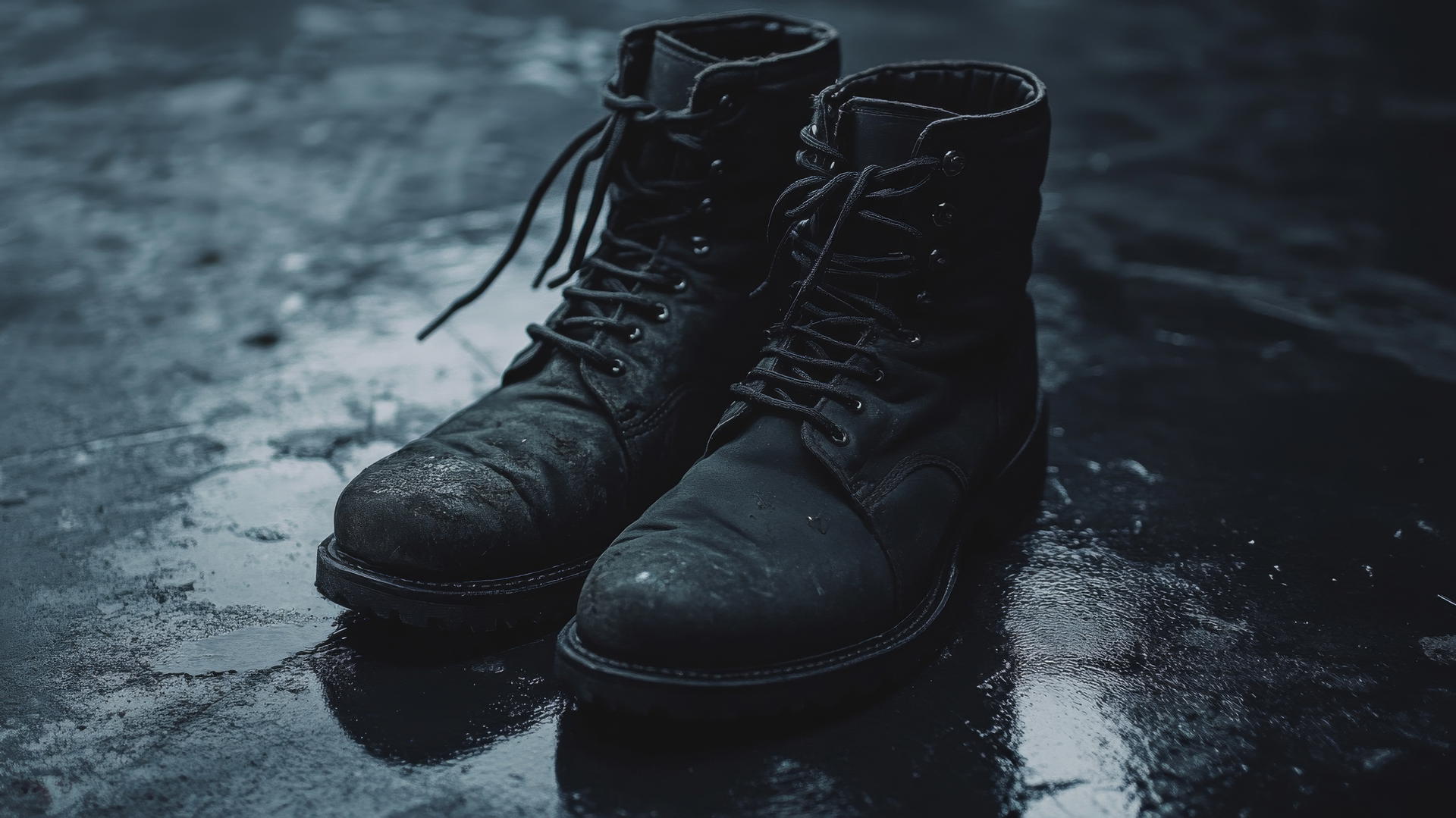 aesthetic wallpaper black combat boots on dark floor with soft lighting