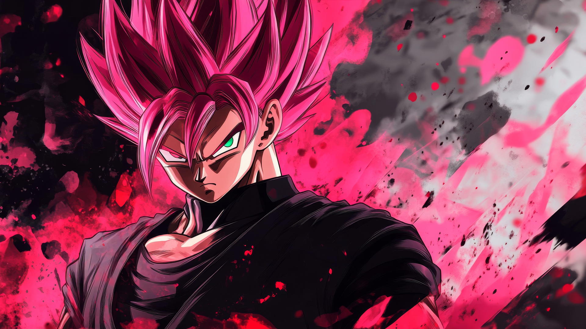 Goku Black in a calm yet menacing pose with glowing Super Saiyan Rosé hair, abstract pink and black background, goku black wallpaper 4k