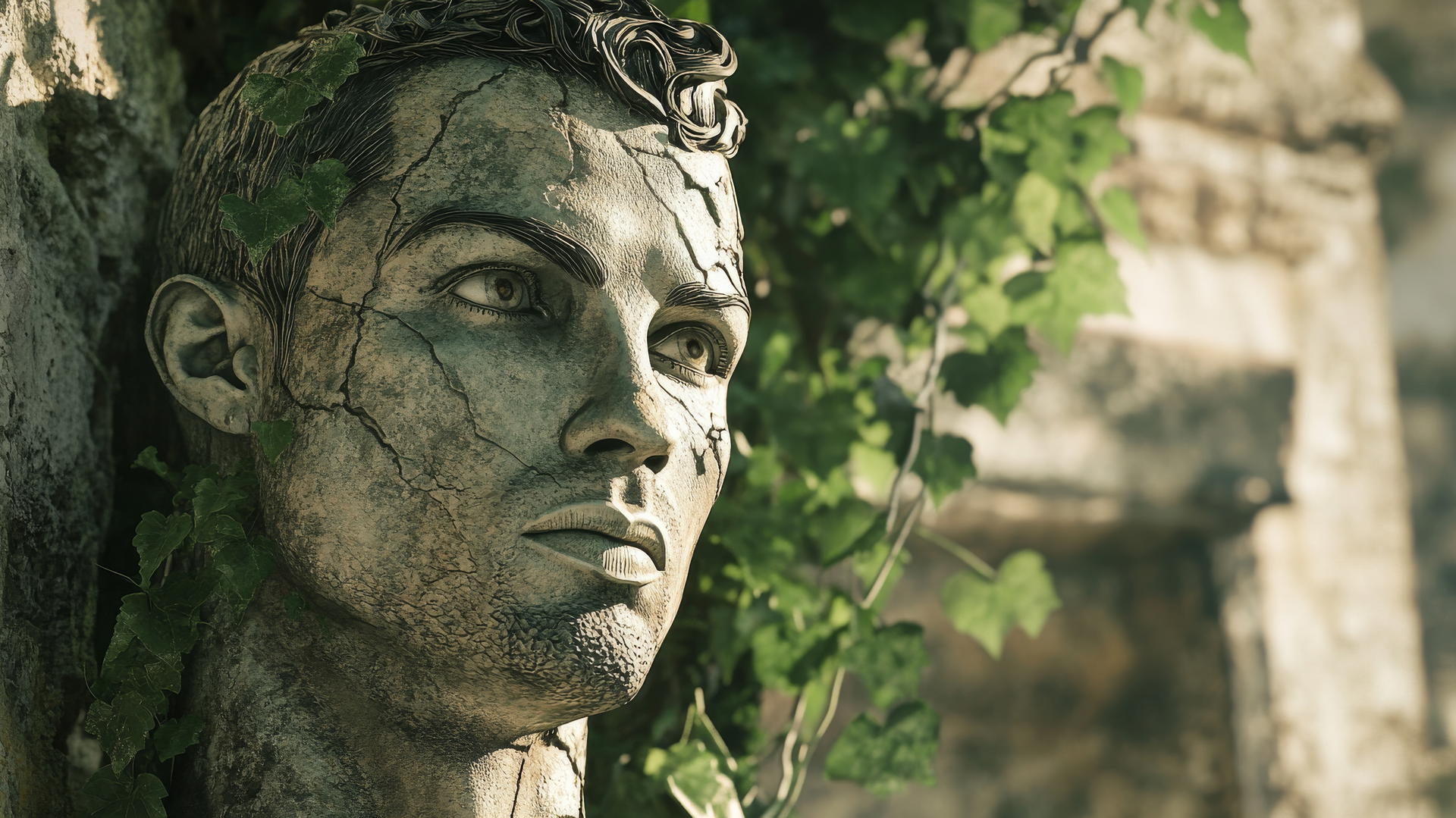 Wallpaper Ronaldo depicted as a timeless statue in an ancient temple with vines.
