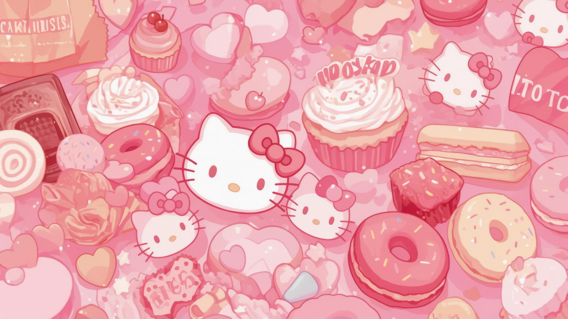 pink Hello Kitty wallpaper with macarons, cupcakes, and sweets in pastel pink
