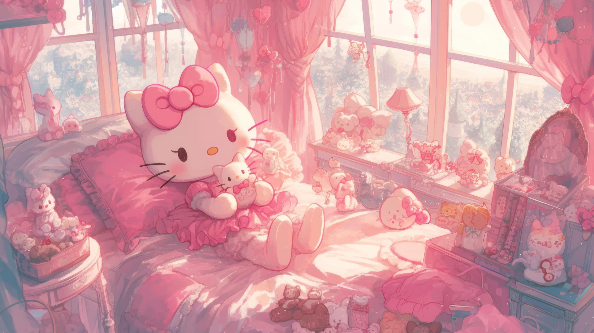 pink Hello Kitty wallpaper with Hello Kitty and pink kittens in a fluffy room