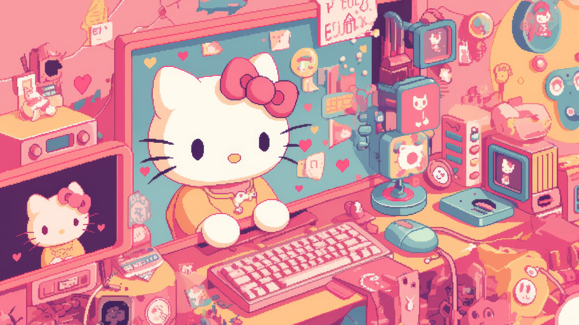 Y2K Hello Kitty wallpaper aesthetic with pixelated icons and vibrant colors