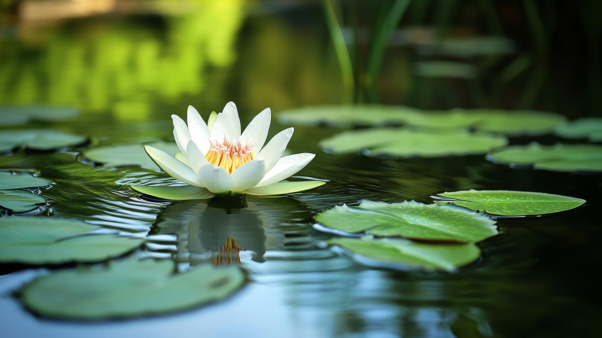 Flower nature wallpaper with a lotus flower floating on a still pond.
