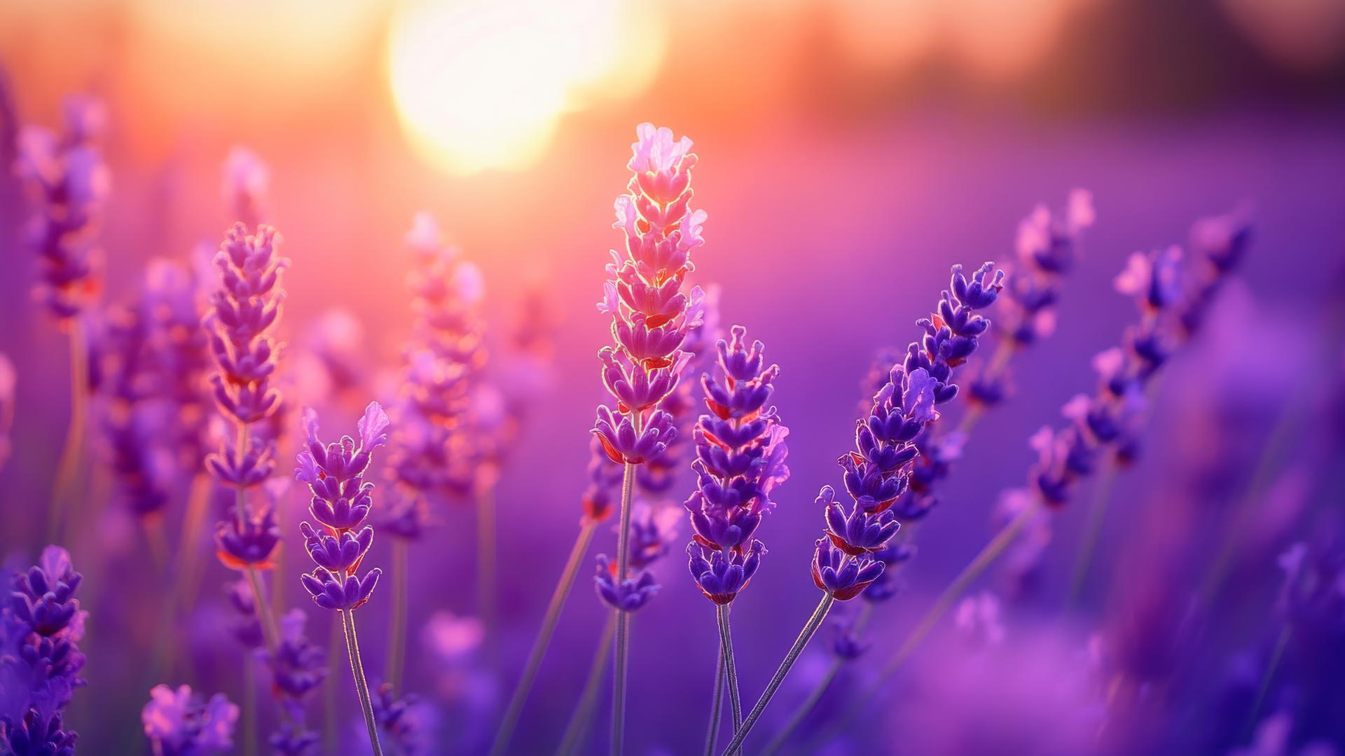 Flower nature wallpaper of a tranquil lavender field at sunset with soft purple hues