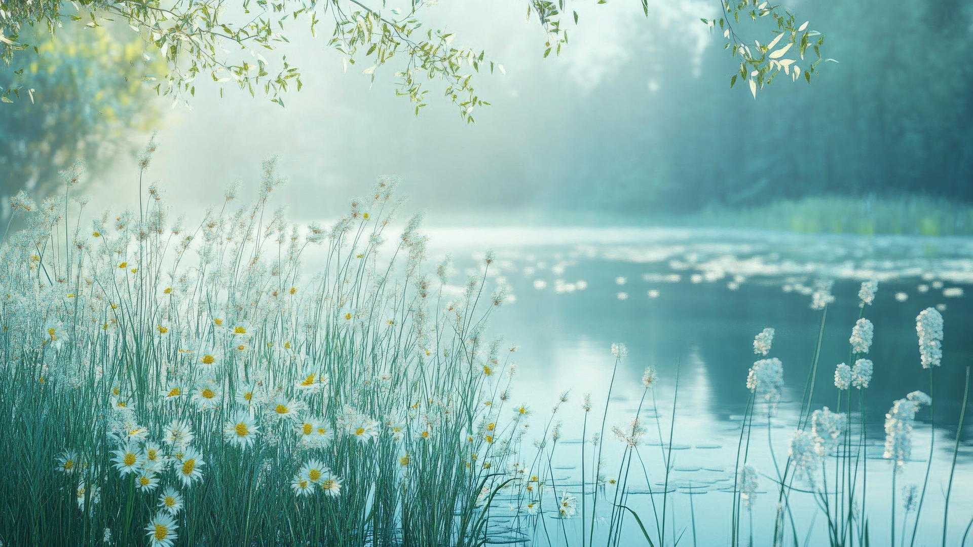 nature aesthetic wallpaper with serene lake, tall grasses, wildflowers, soft light.