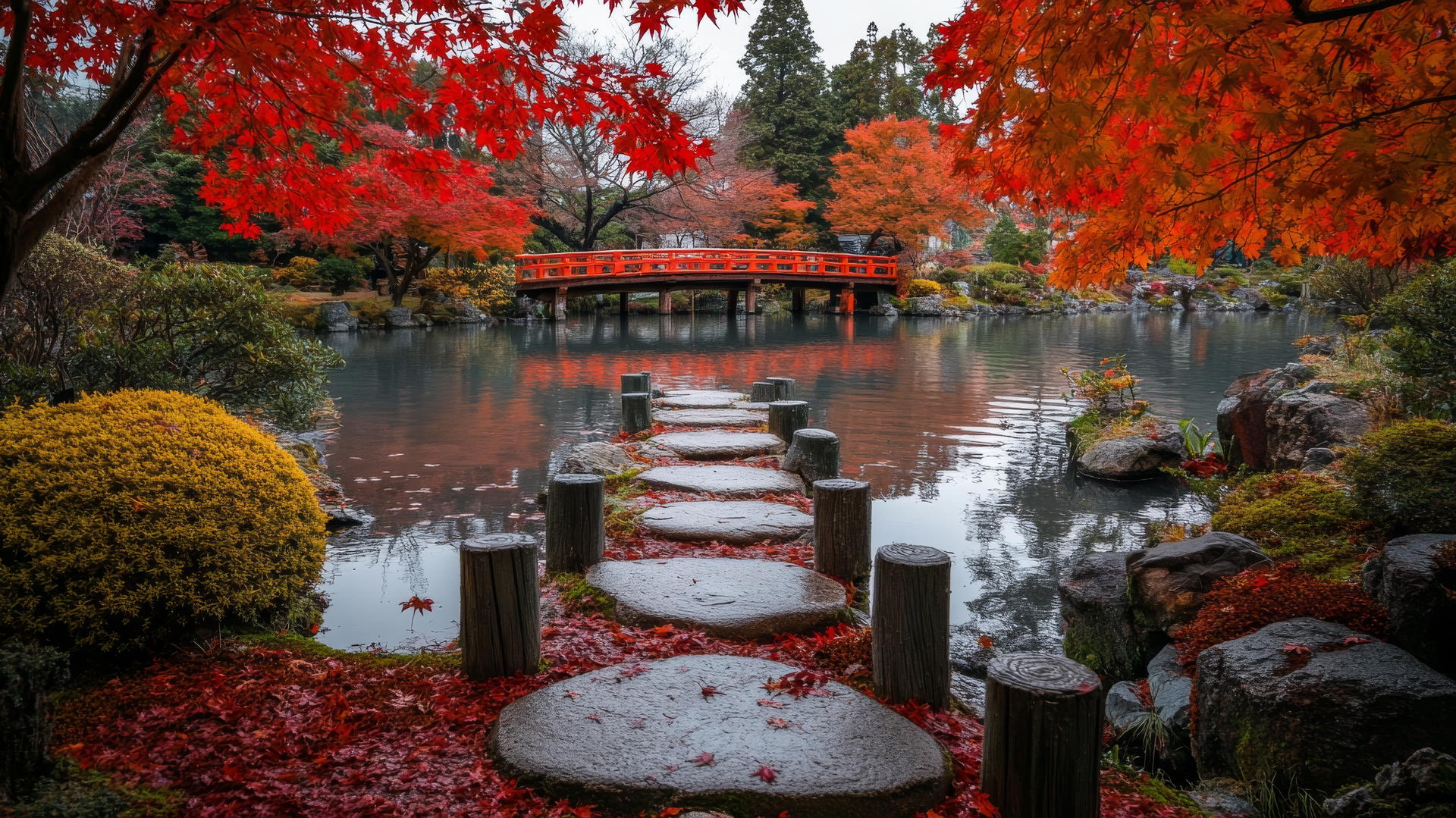 nature aesthetic wallpaper with Japanese garden, red maple leaves, stone path, wooden bridge