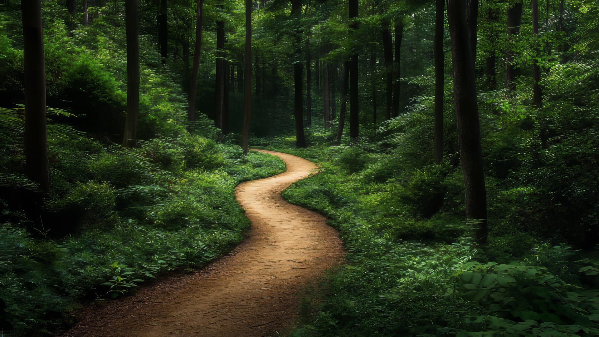 Nature aesthetic wallpaper of a winding path through a dense, green forest