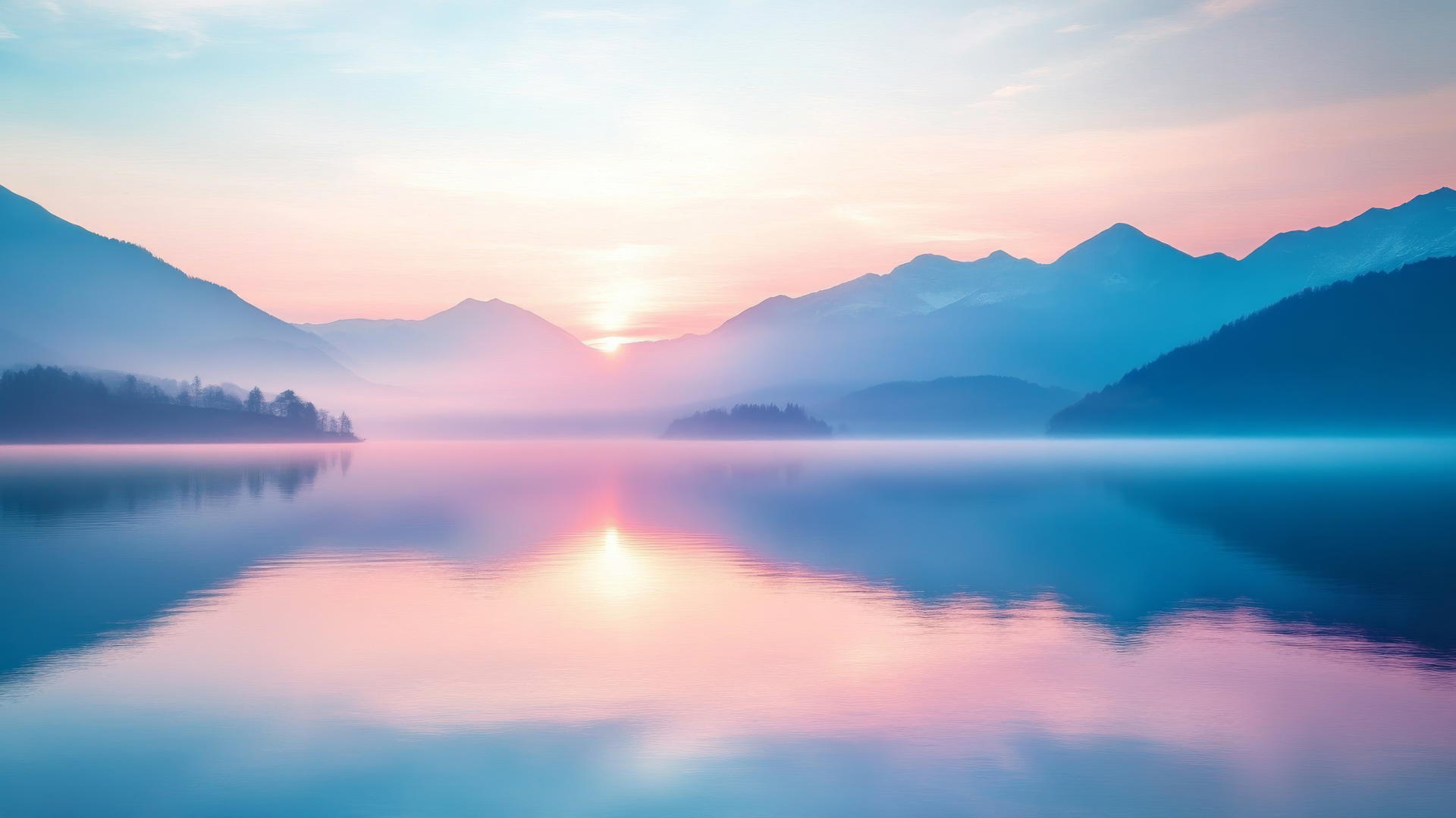 Serene sunrise over misty mountains with pastel colors reflecting on lake, nature wallpaper
