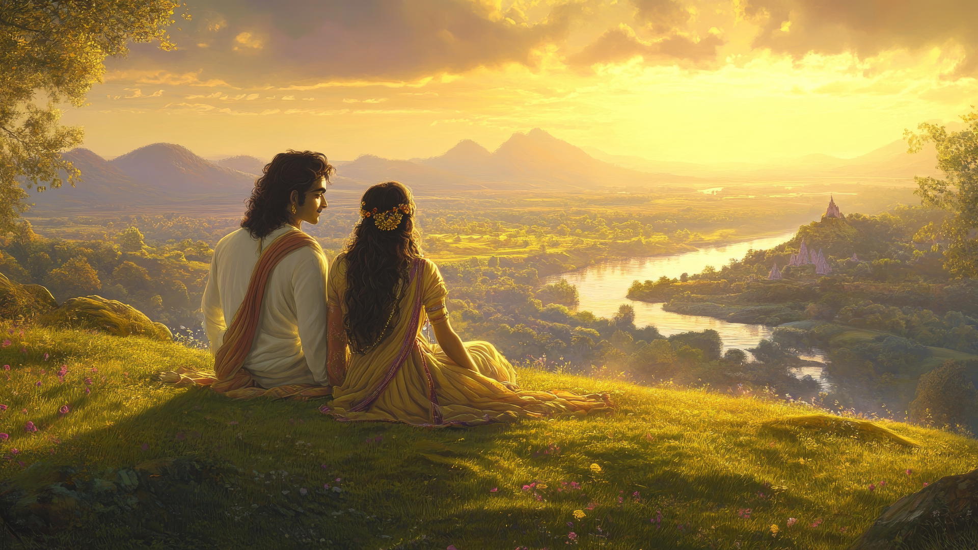 Radha and Krishna sharing a quiet moment on a grassy hilltop, radha krishna nature wallpaper