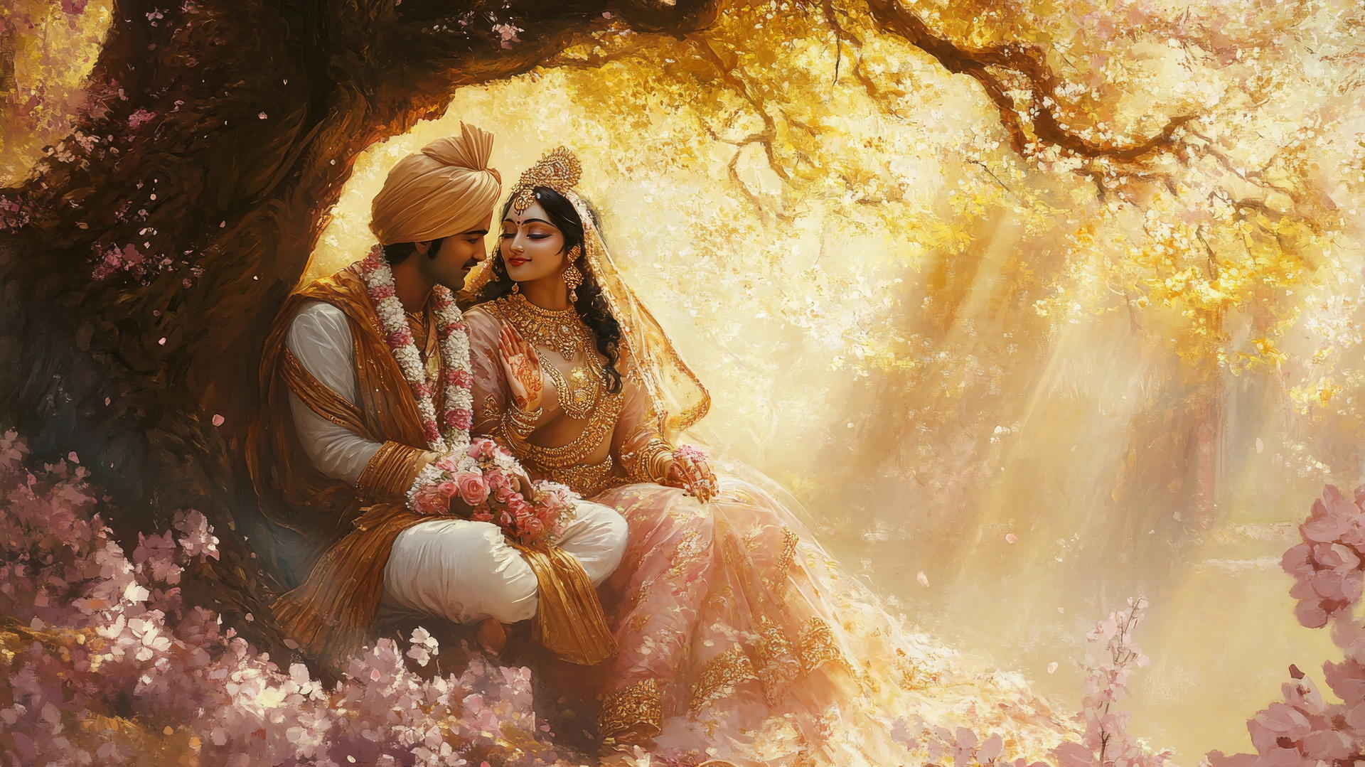 Romantic painting of Radha and Krishna under a blossoming tree
