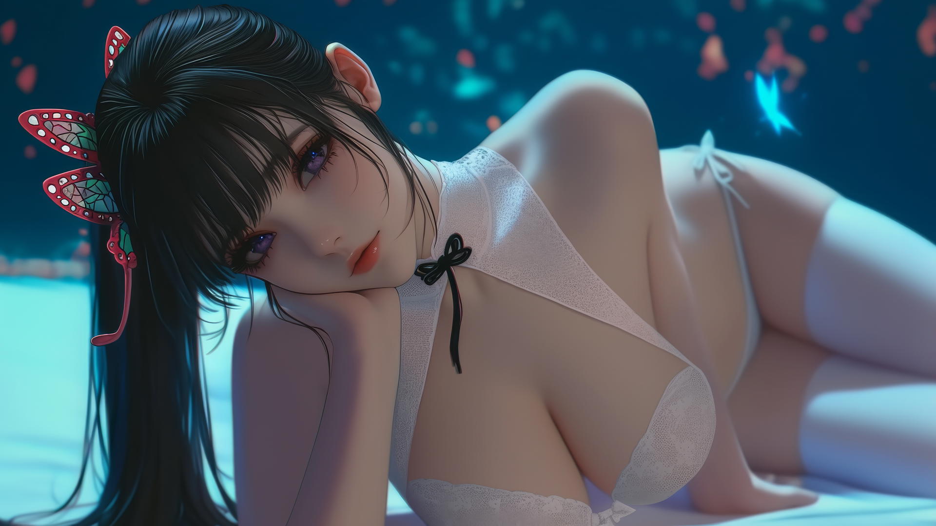 Kanao Tsuyuri from Demon Slayer kneeling and looking down, warm light glow