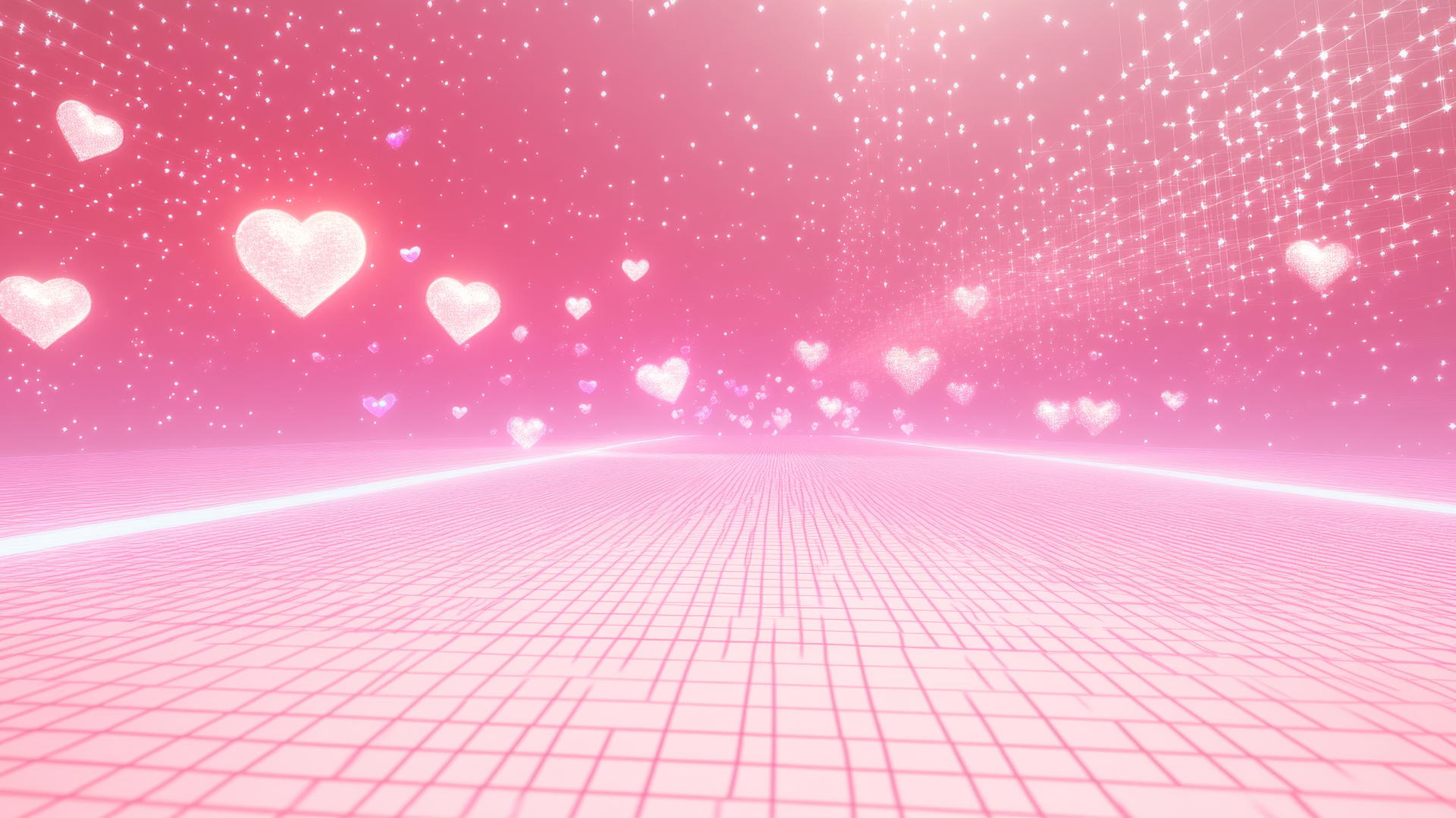 Pink Y2K wallpaper with neon pink grid floor, holographic hearts, pixelated stars