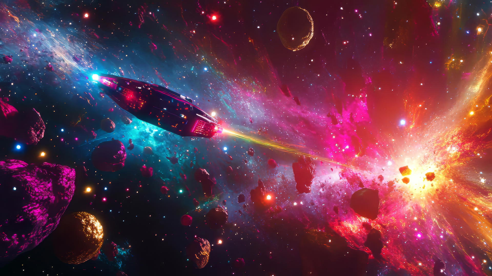 y2k star wallpaper with digital spacecraft, neon stars, and pixelated asteroids