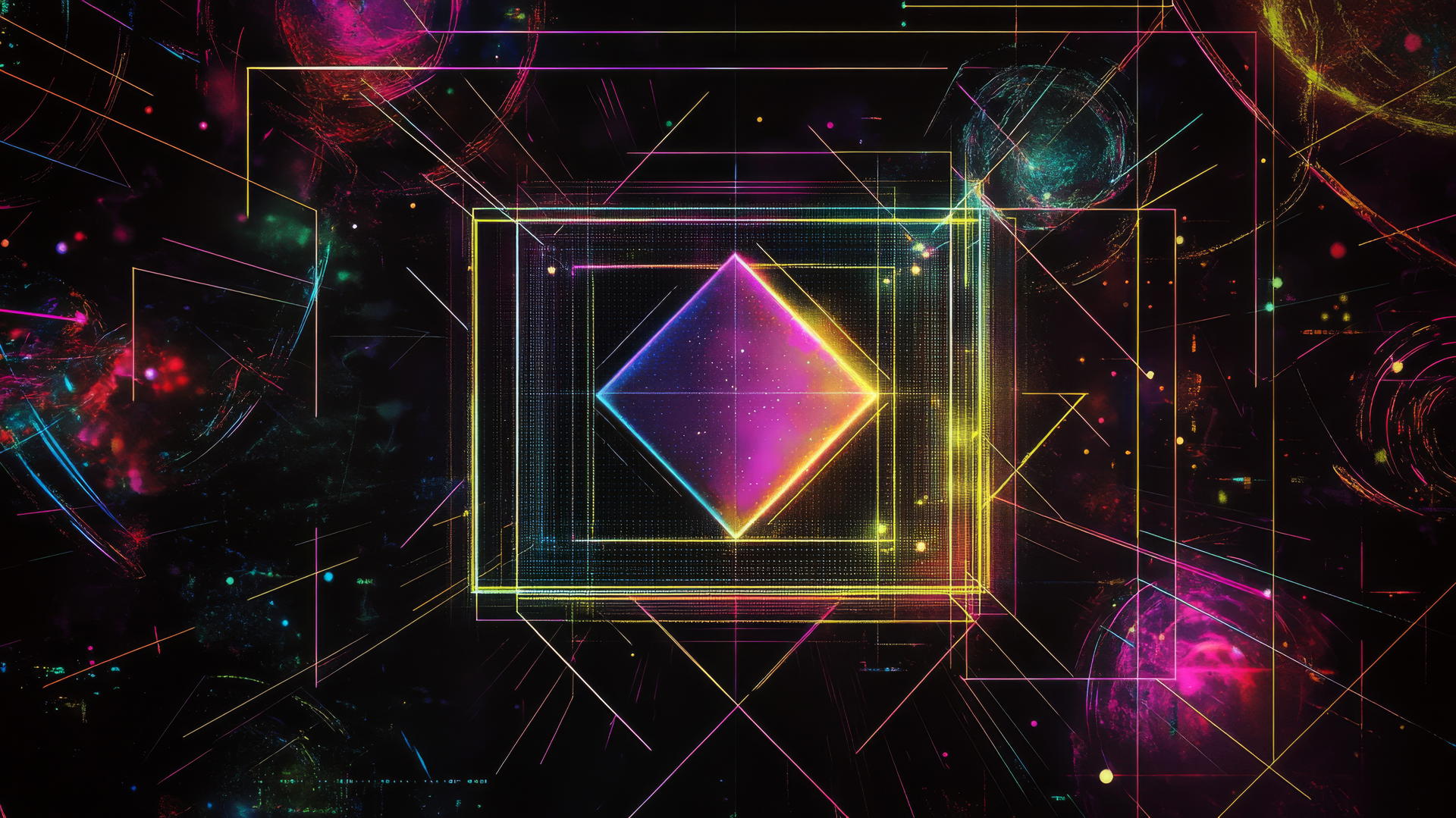 Y2K wallpaper black with holographic geometric shape and neon outlines