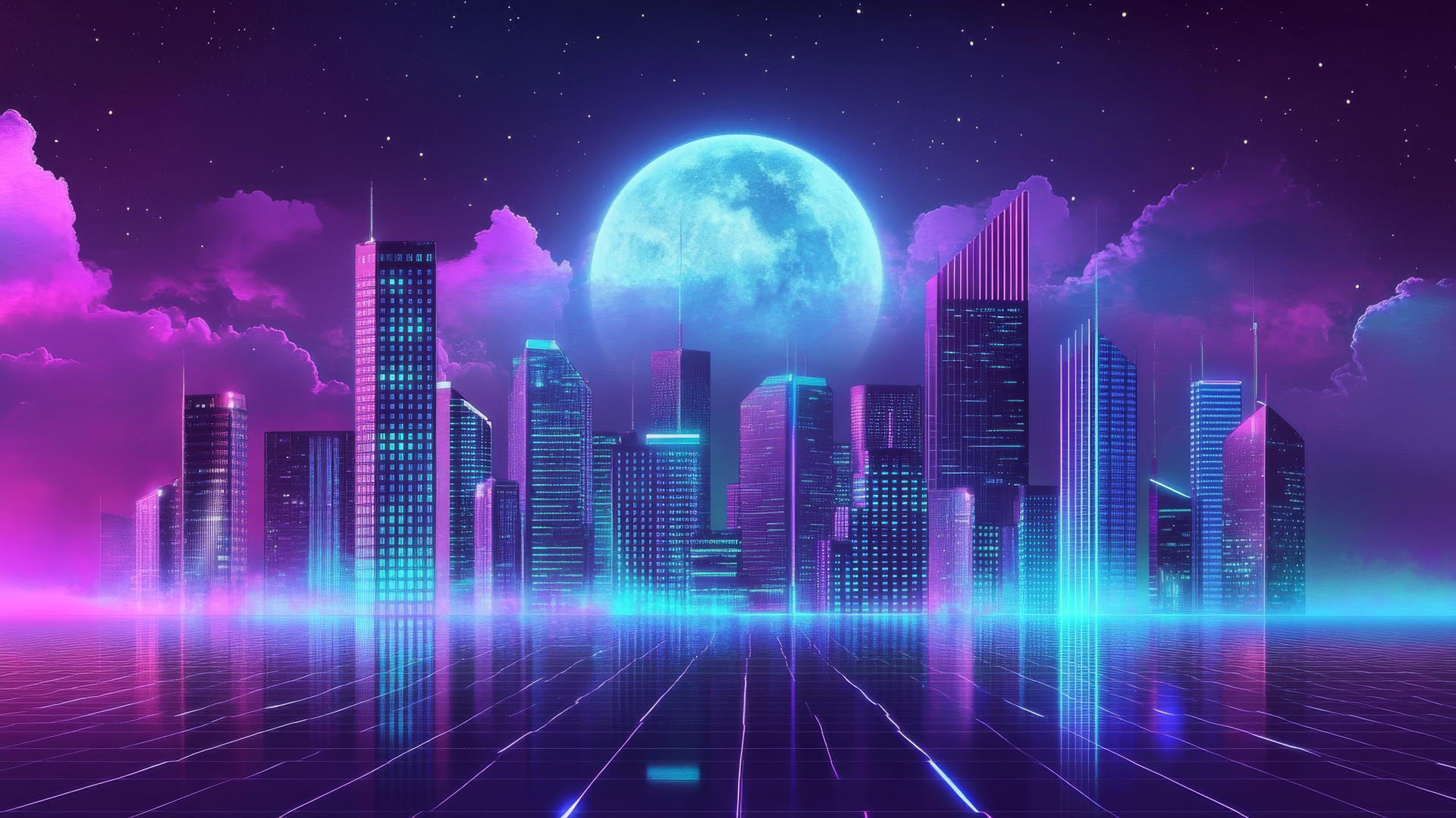 A futuristic Y2K wallpaper with digital city skyline, holographic skyscrapers, pixelated clouds, neon lights, under a full moon.