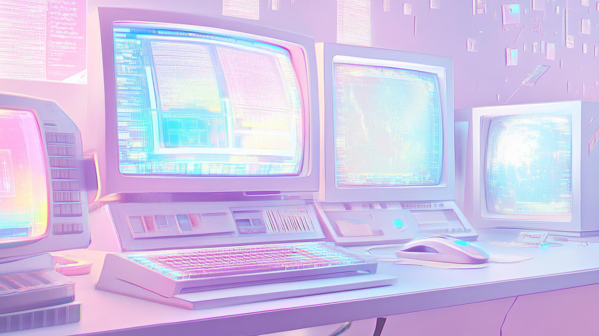 Y2K wallpaper showing retro computer desktop with digital art, holographic shapes.