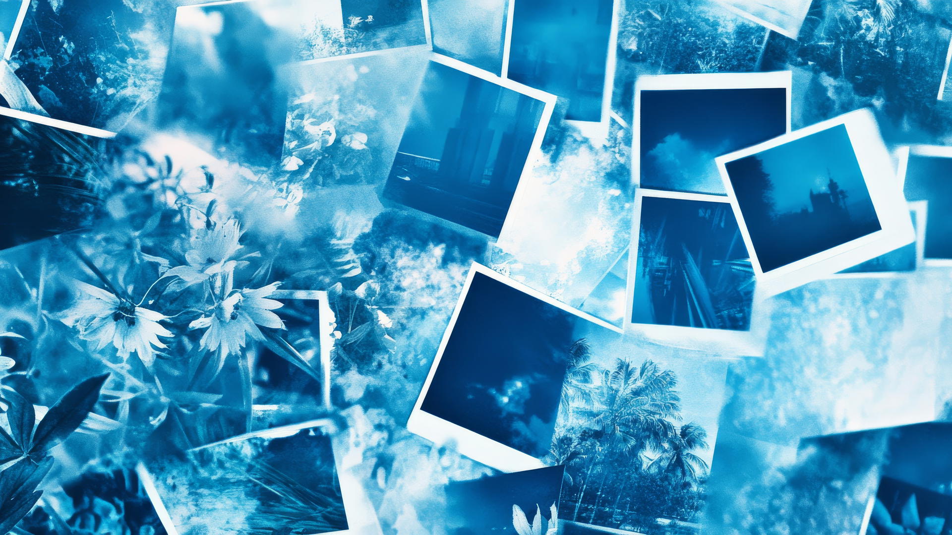 Blue aesthetic wallpaper with vintage Polaroid photo collage