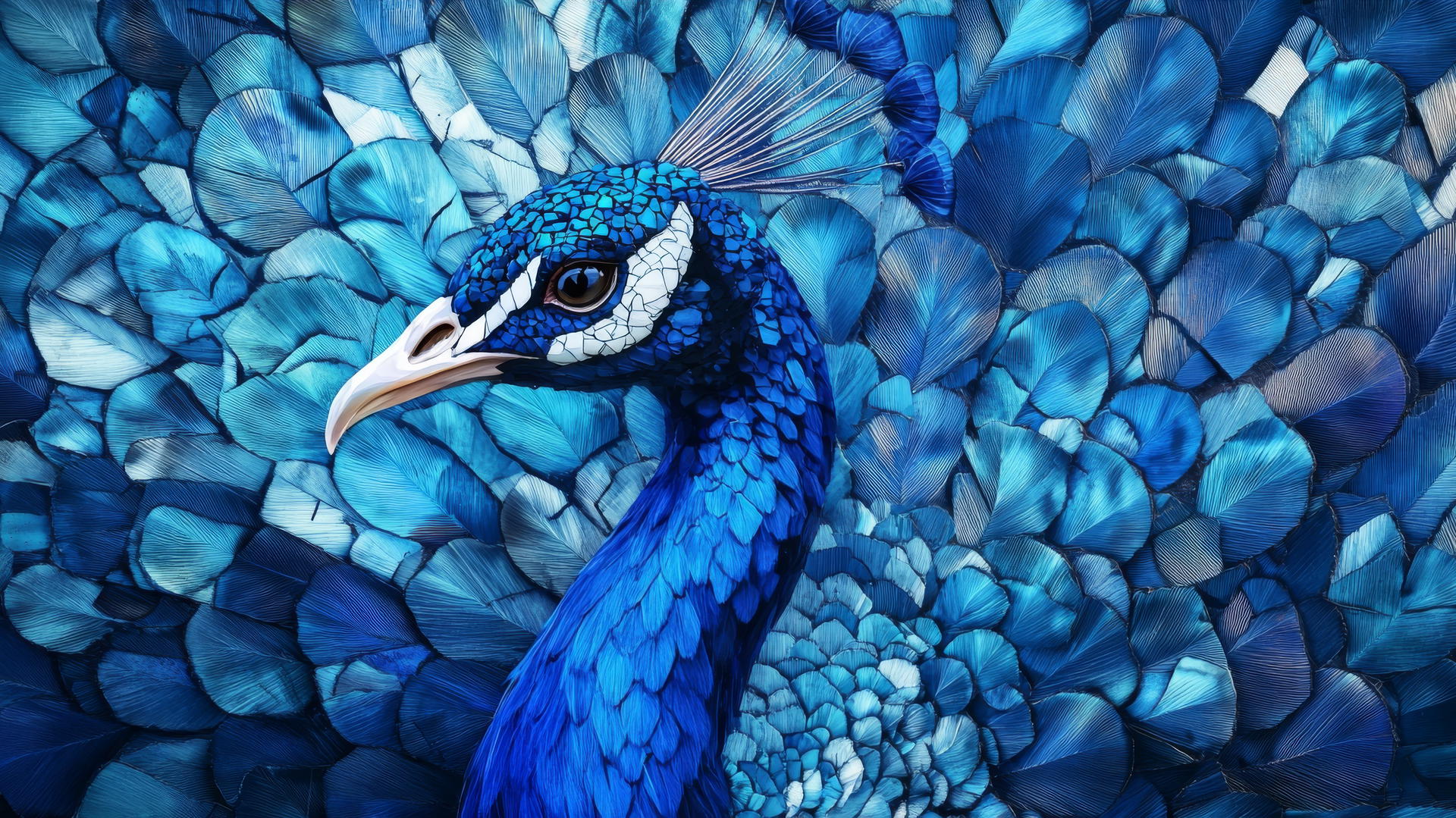 wallpaper blue showing a mosaic peacock with vibrant blue feathers