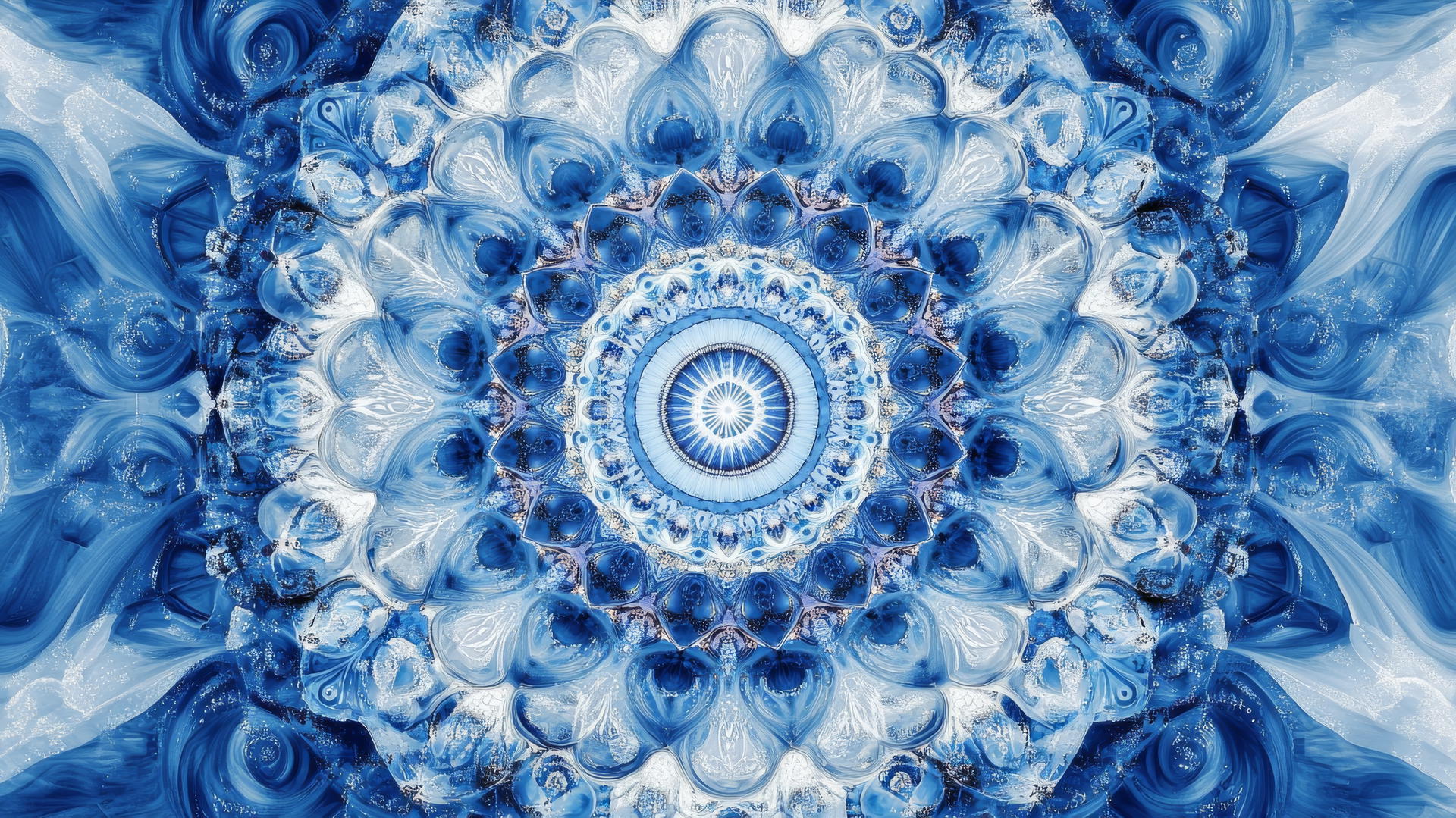 Digital blue and white mandala wallpaper with symmetrical patterns