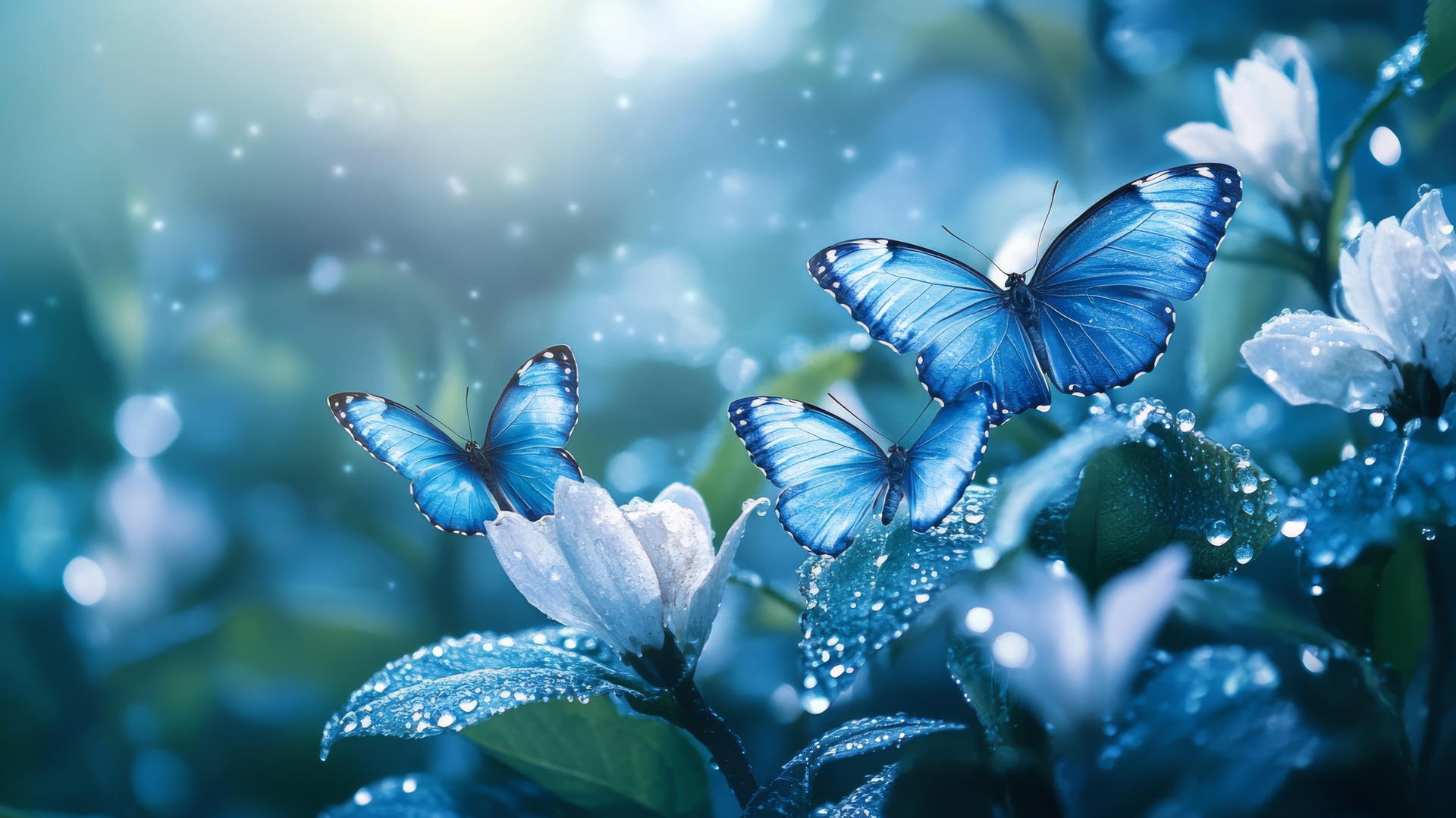blue butterfly wallpaper with butterflies perched on dew-covered leaves and flowers