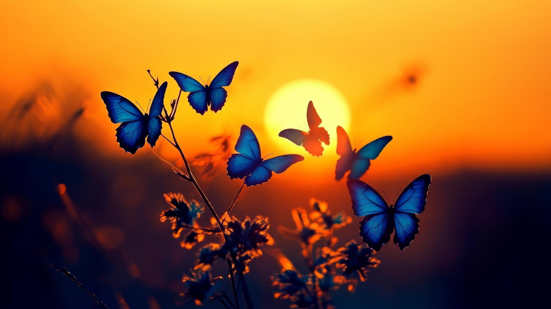 blue butterfly wallpaper with silhouettes against a warm sunset sky