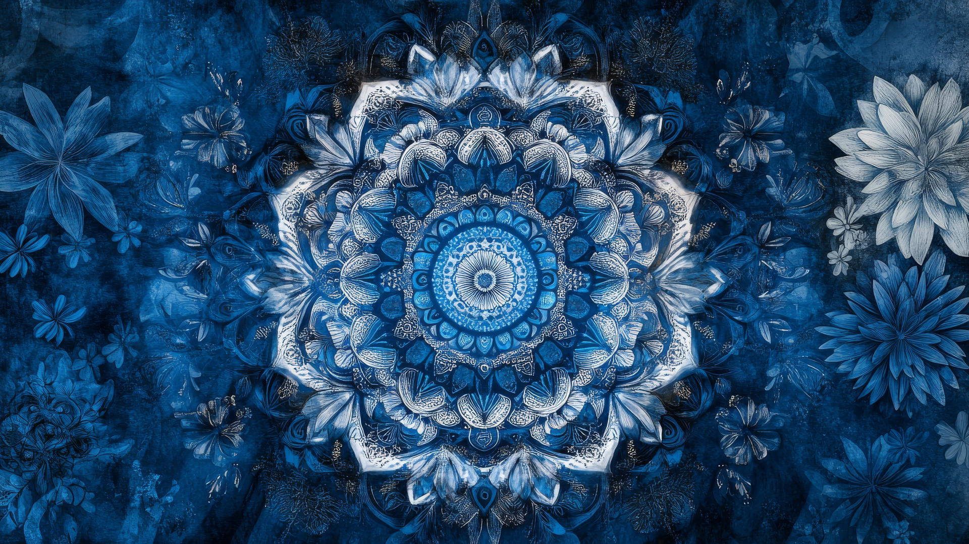 blue floral wallpaper with concentric mandala of intricate flowers and leaves