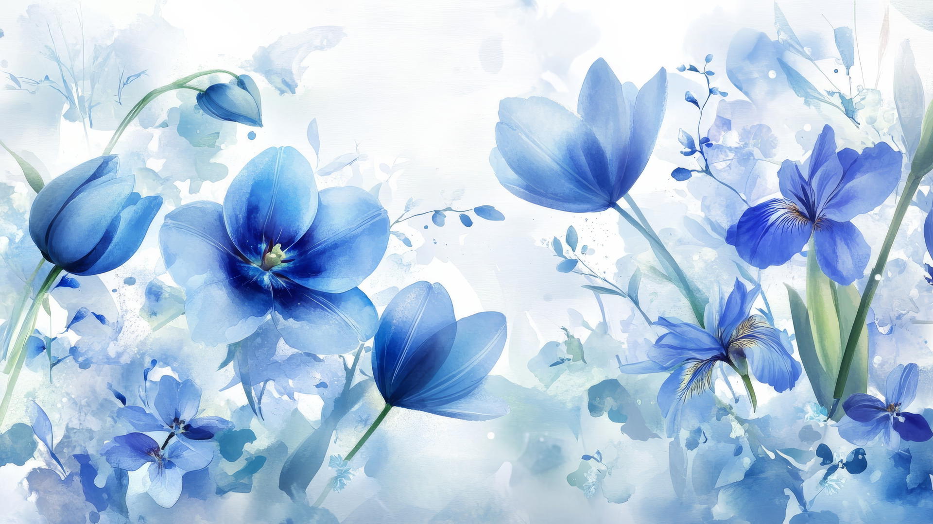 watercolor blue flower wallpaper with tulips, lilies, and irises