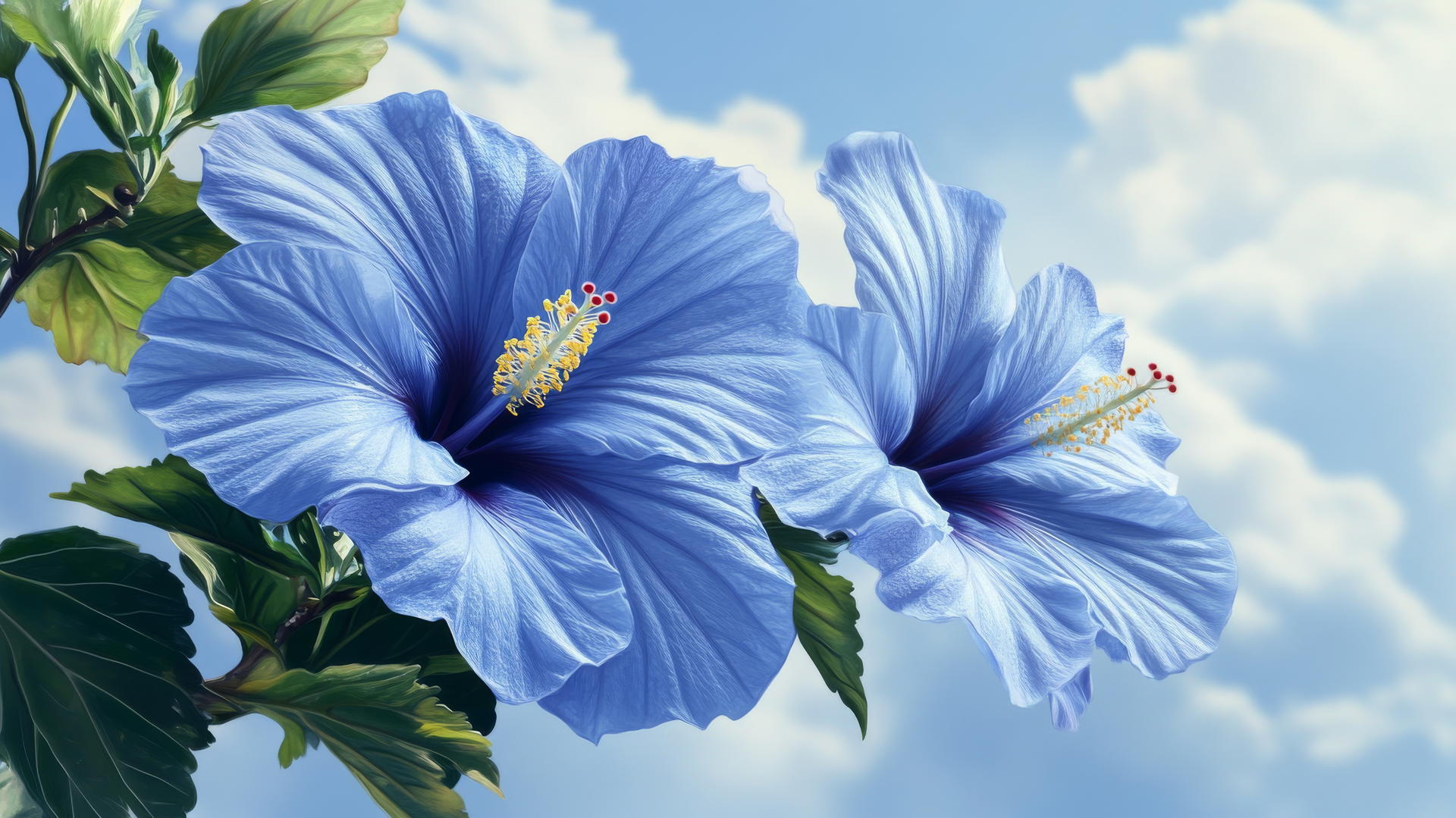 blue flower wallpaper with vibrant blue hibiscus and lush green leaves
