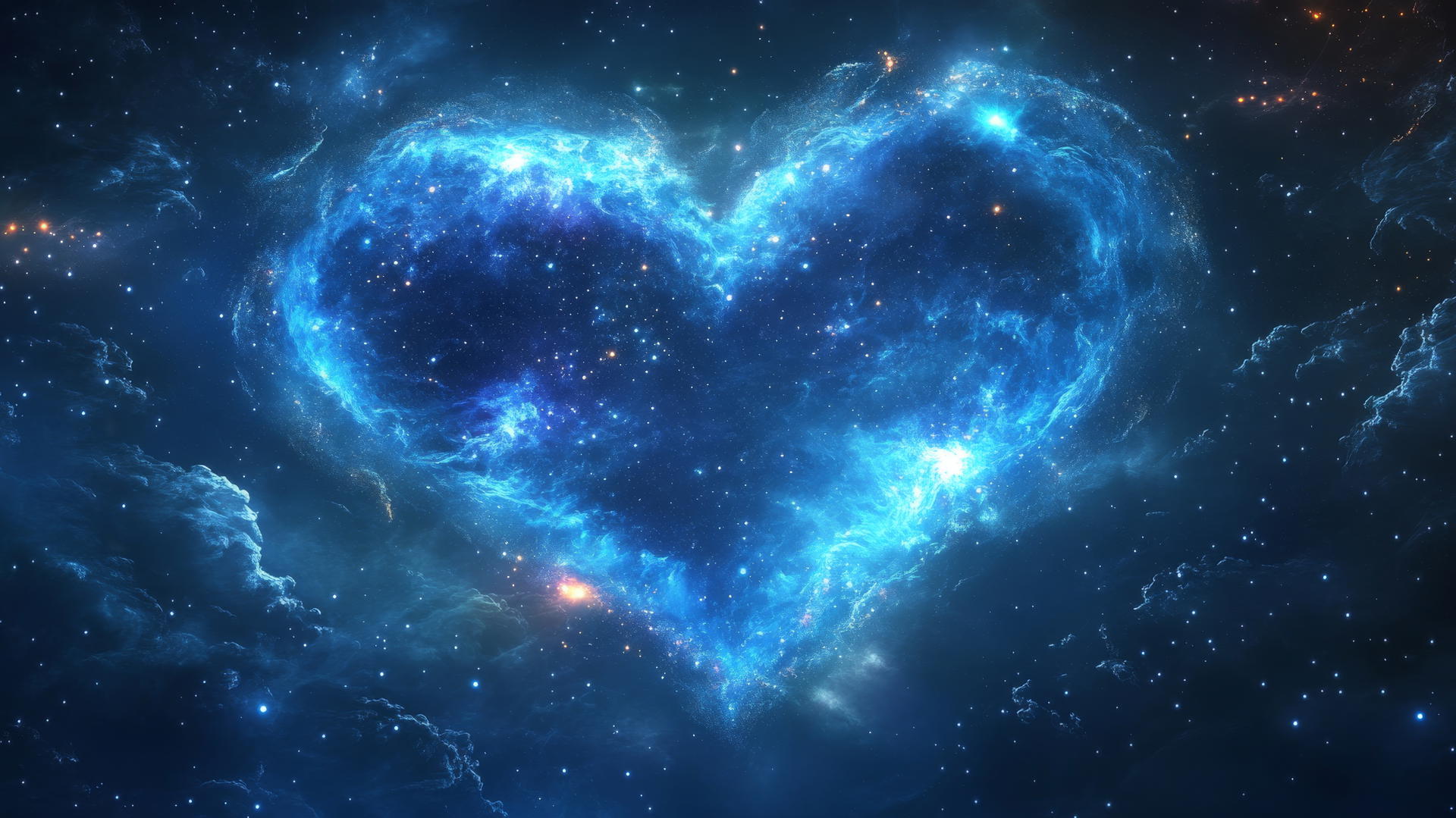 Blue heart wallpaper with heart-shaped galaxy, stars, and nebulae