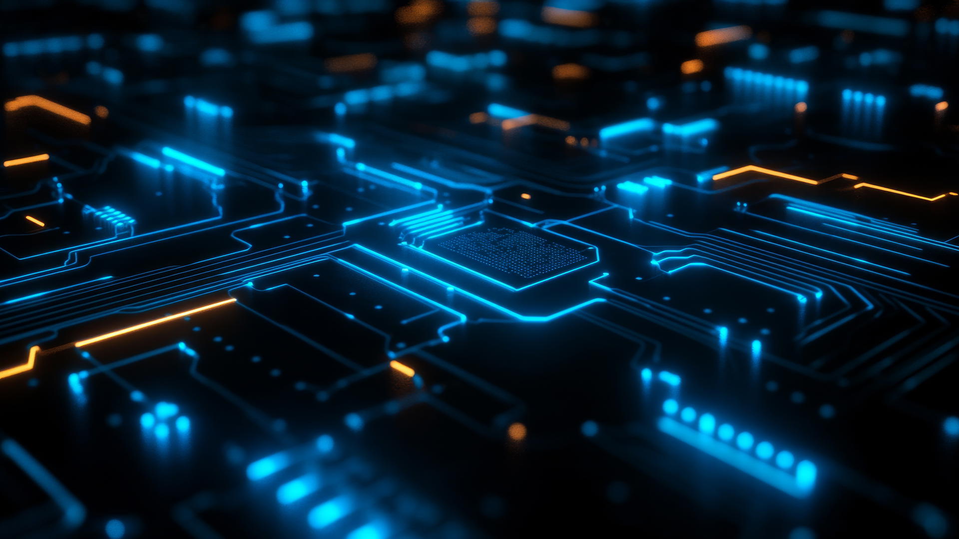 black and blue wallpaper with a futuristic circuit board design and glowing blue lines