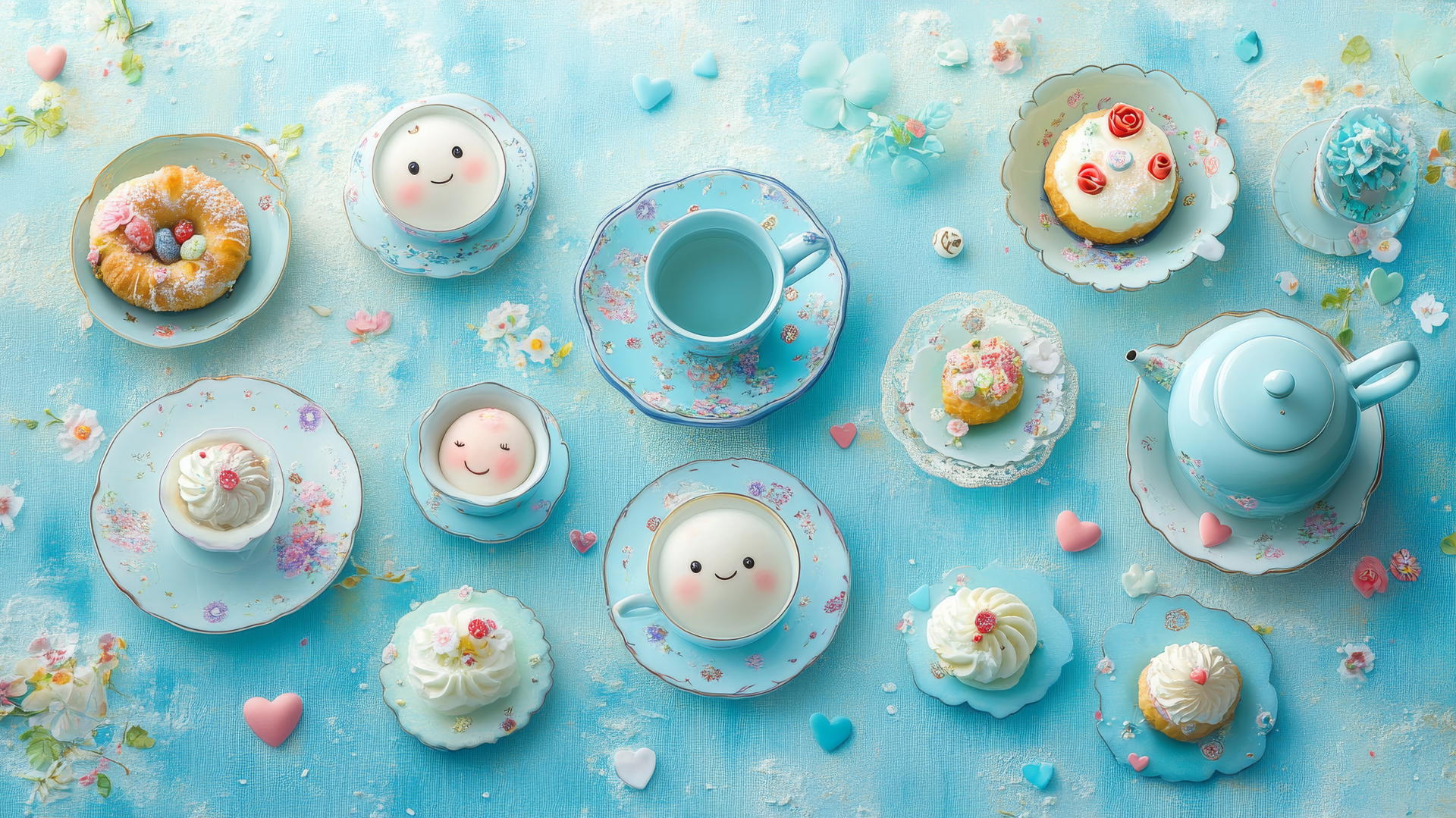 cute blue wallpaper with a tea party scene featuring blue teacups, saucers, and smiling pastries