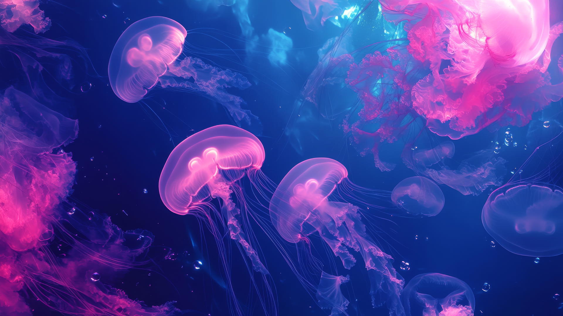 Ethereal pink and blue jellyfish wallpaper with glowing tendrils in a deep blue ocean