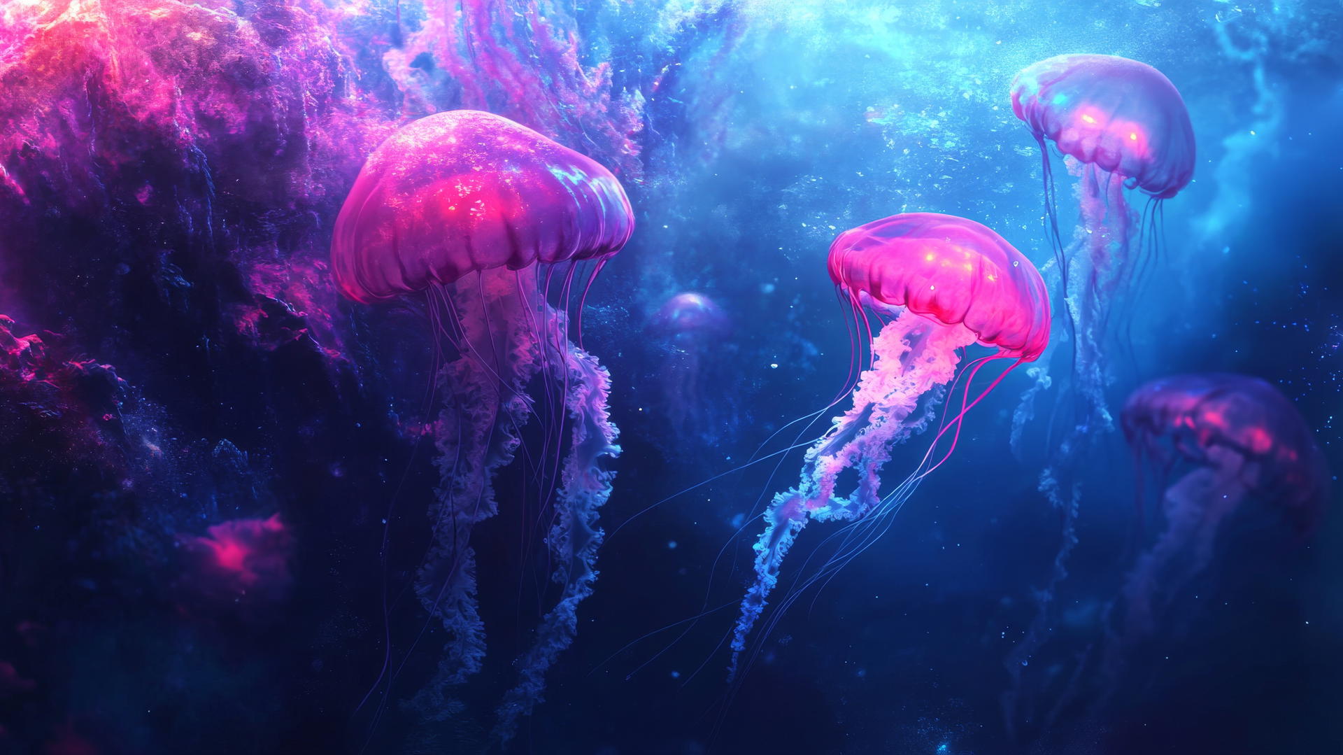 pink and blue wallpaper with ethereal jellyfish and glowing tendrils in deep ocean