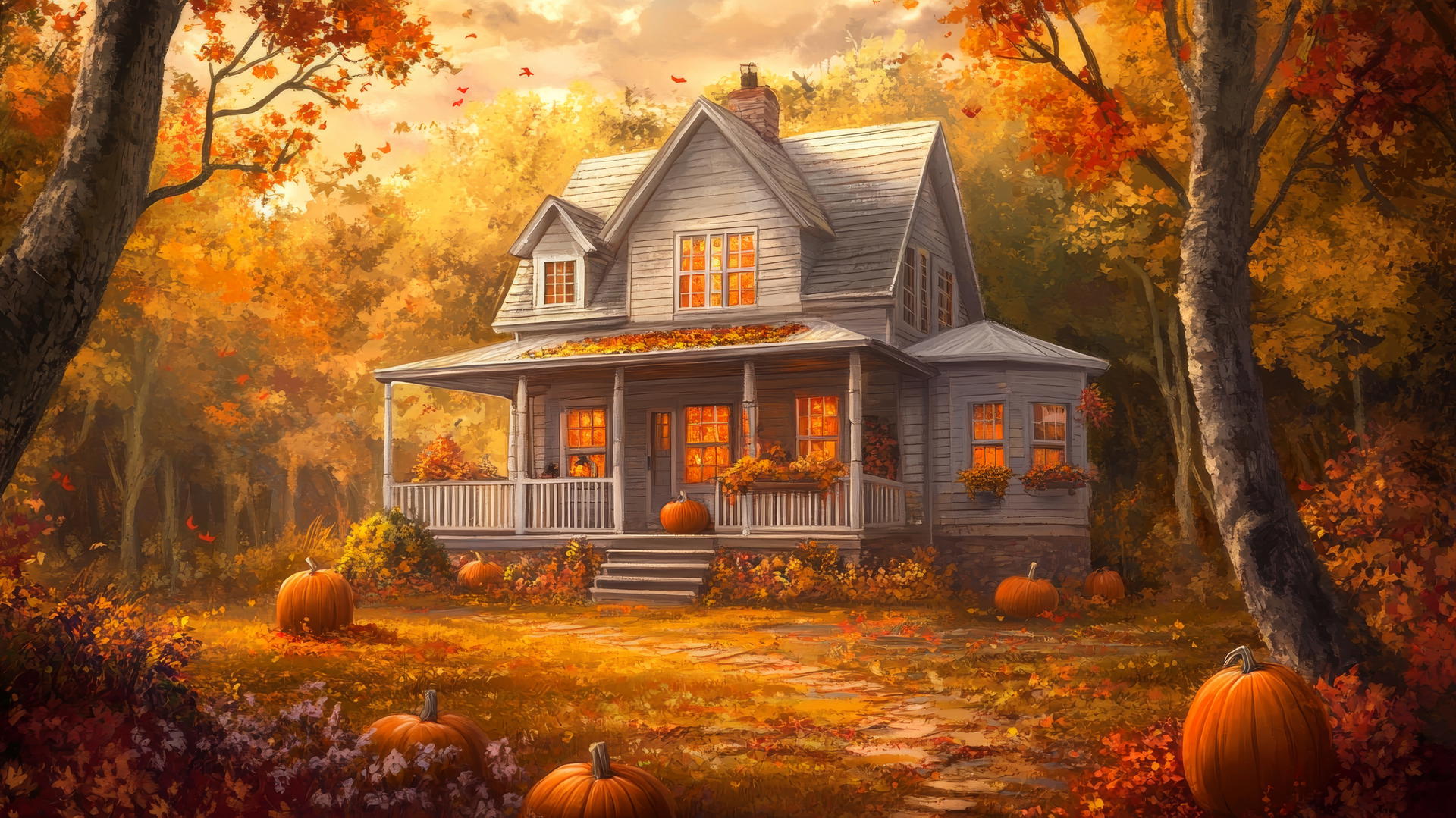thanksgiving wallpaper of a farmhouse with fall foliage, pumpkins on the porch, and a warm glow from the windows