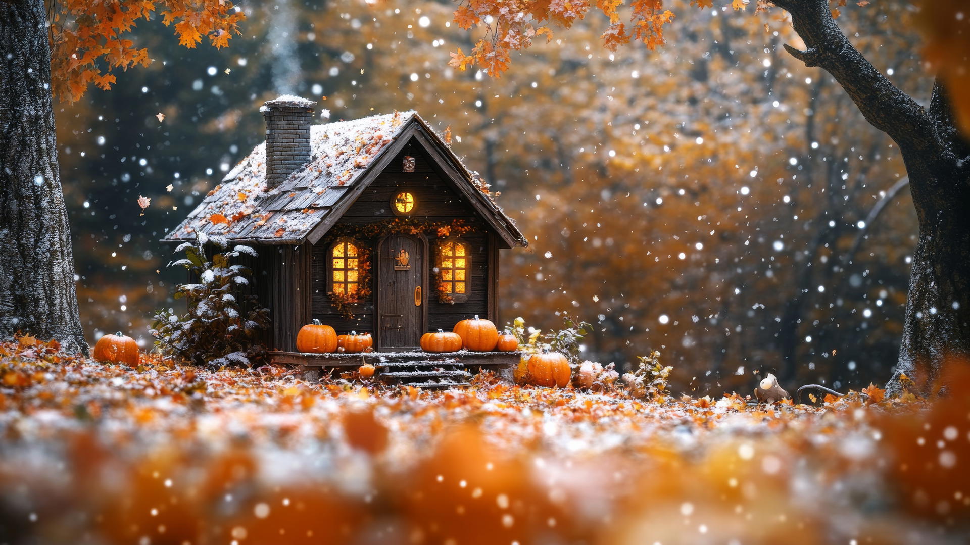 thanksgiving wallpaper cute scene with tiny wooden cabin, pumpkins, fall leaves, light snowfall