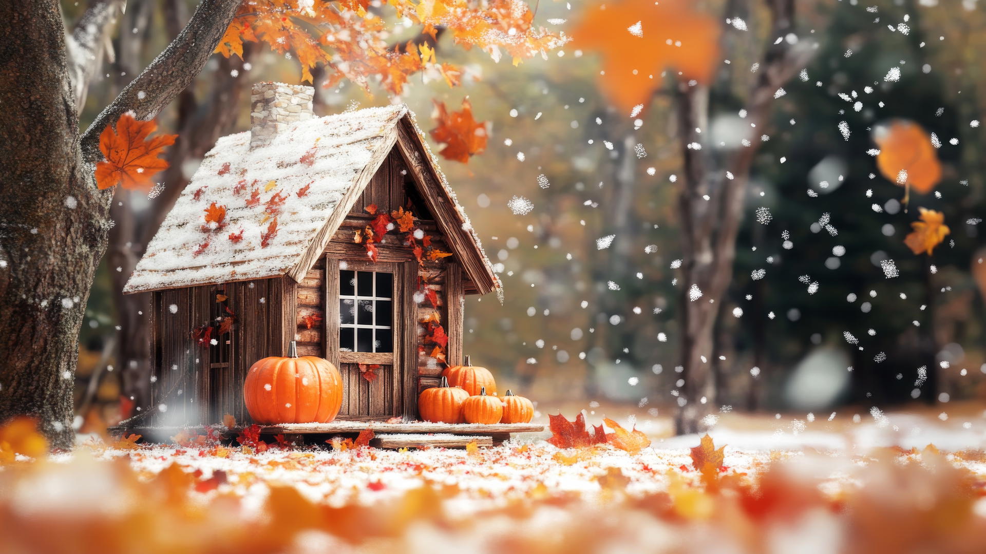 Thanksgiving wallpaper cute scene with cabin, pumpkins, fall leaves, and light snow