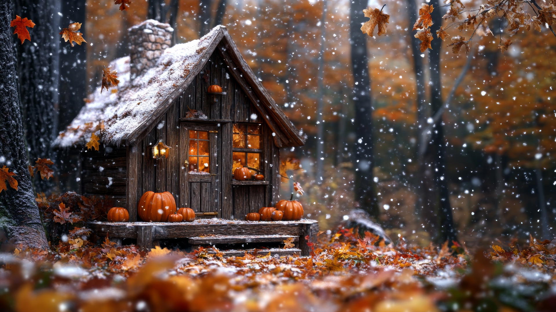 Thanksgiving wallpaper cute: cozy cabin with pumpkins and fall leaves
